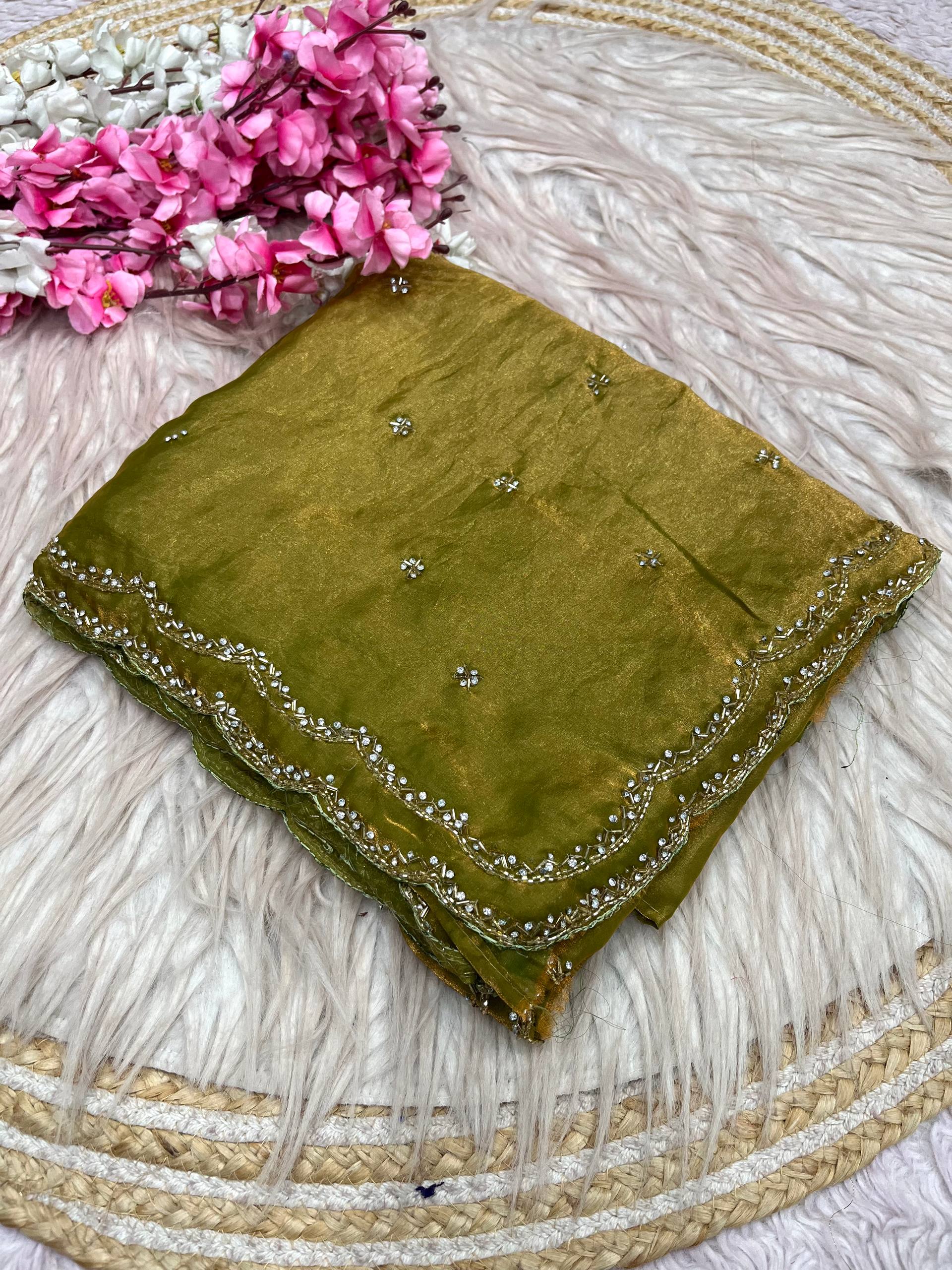 Space Silk Fandy sattin With Beautiful Khatli Cut Dana Handwork Along With Hand Diamond Work