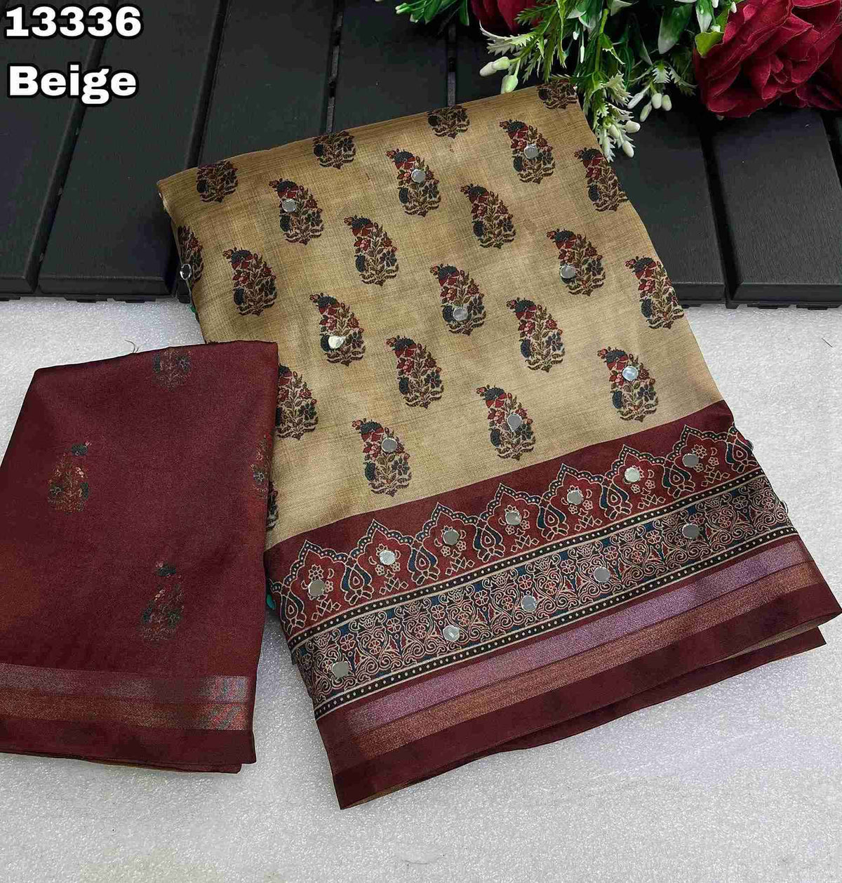 Soft & Smooth Silk Crape Ajrakh Design Digital Print With Original Mirror Work & Zari Weaving Borde