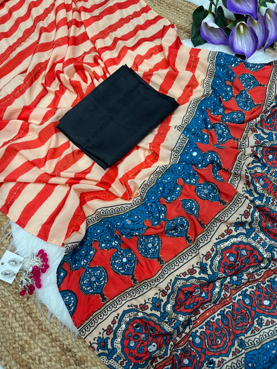 Crape mirror work semi partywear sarees