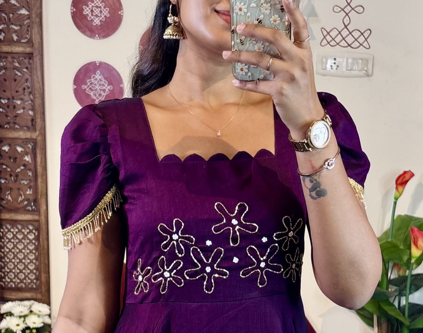 Upto 3XL- Vichitra Blooming Floor length Gown handwork in wrist and scallop neck double sleeves with hanging lace
