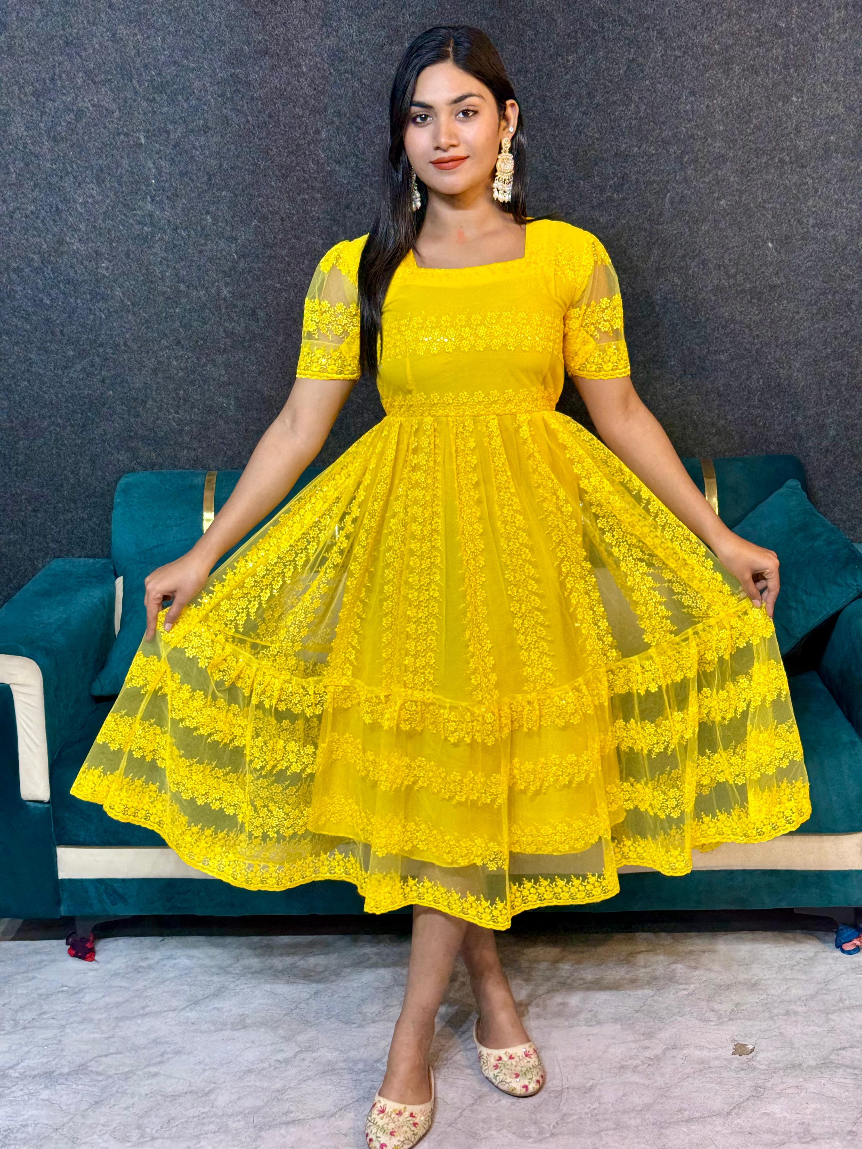 Beautiful Flower Embroidery Sequence Work Frocks