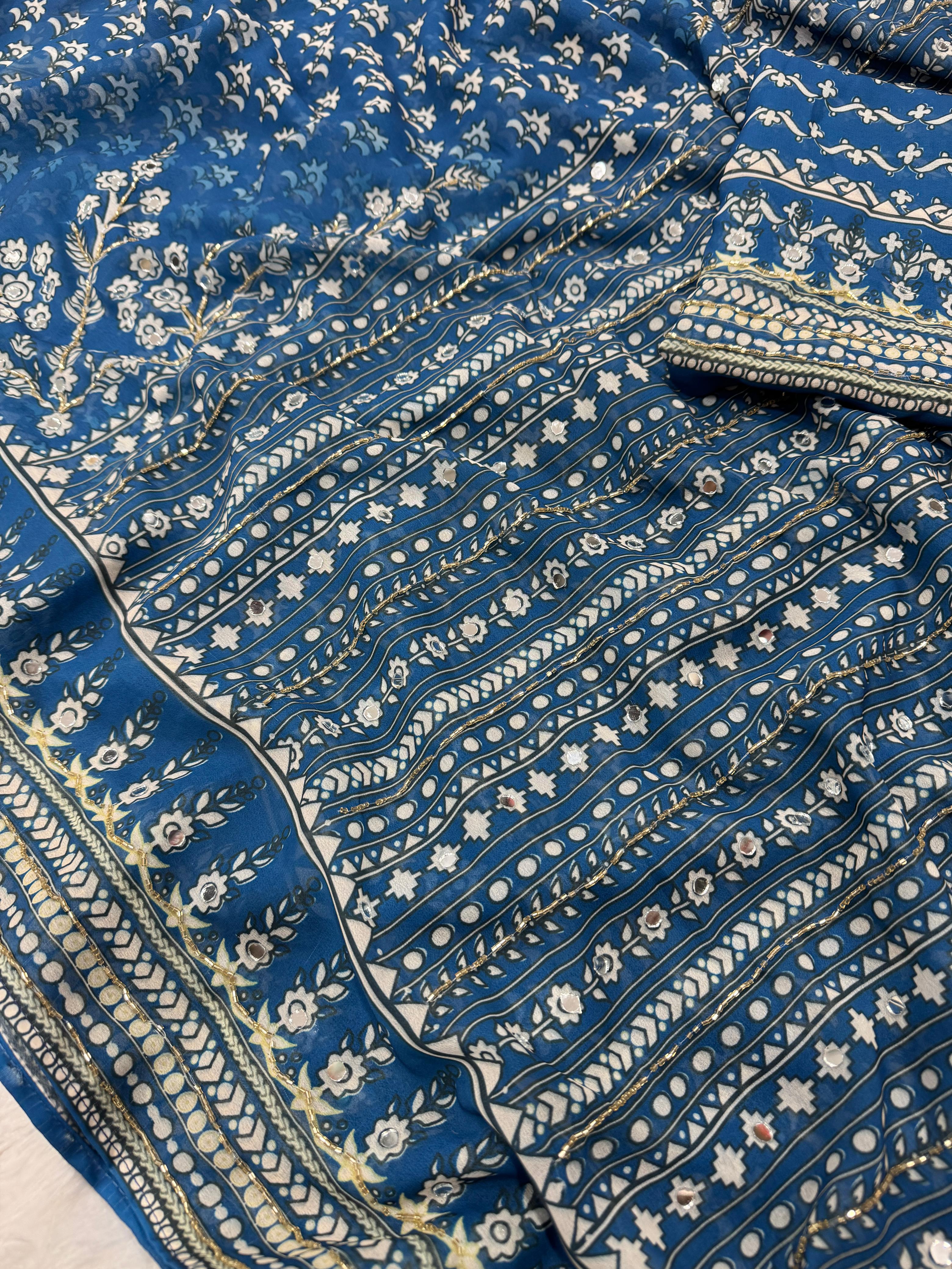 Ajrakh Designer Soft Fox Georgette Sarees with Cutdana and Mirror Work