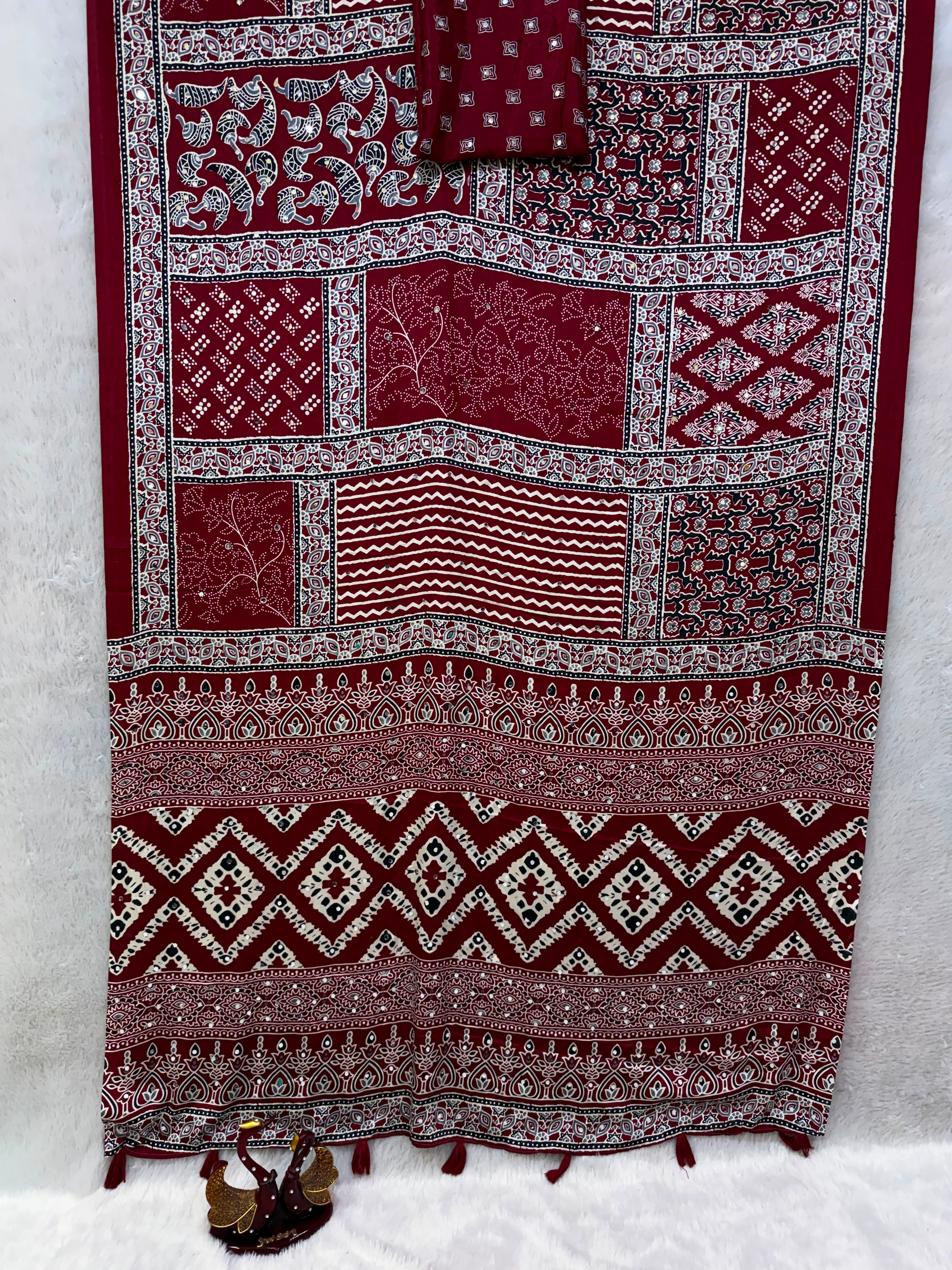 Beautiful Ajarakh Sarees with Real Mirror Work and Latkan