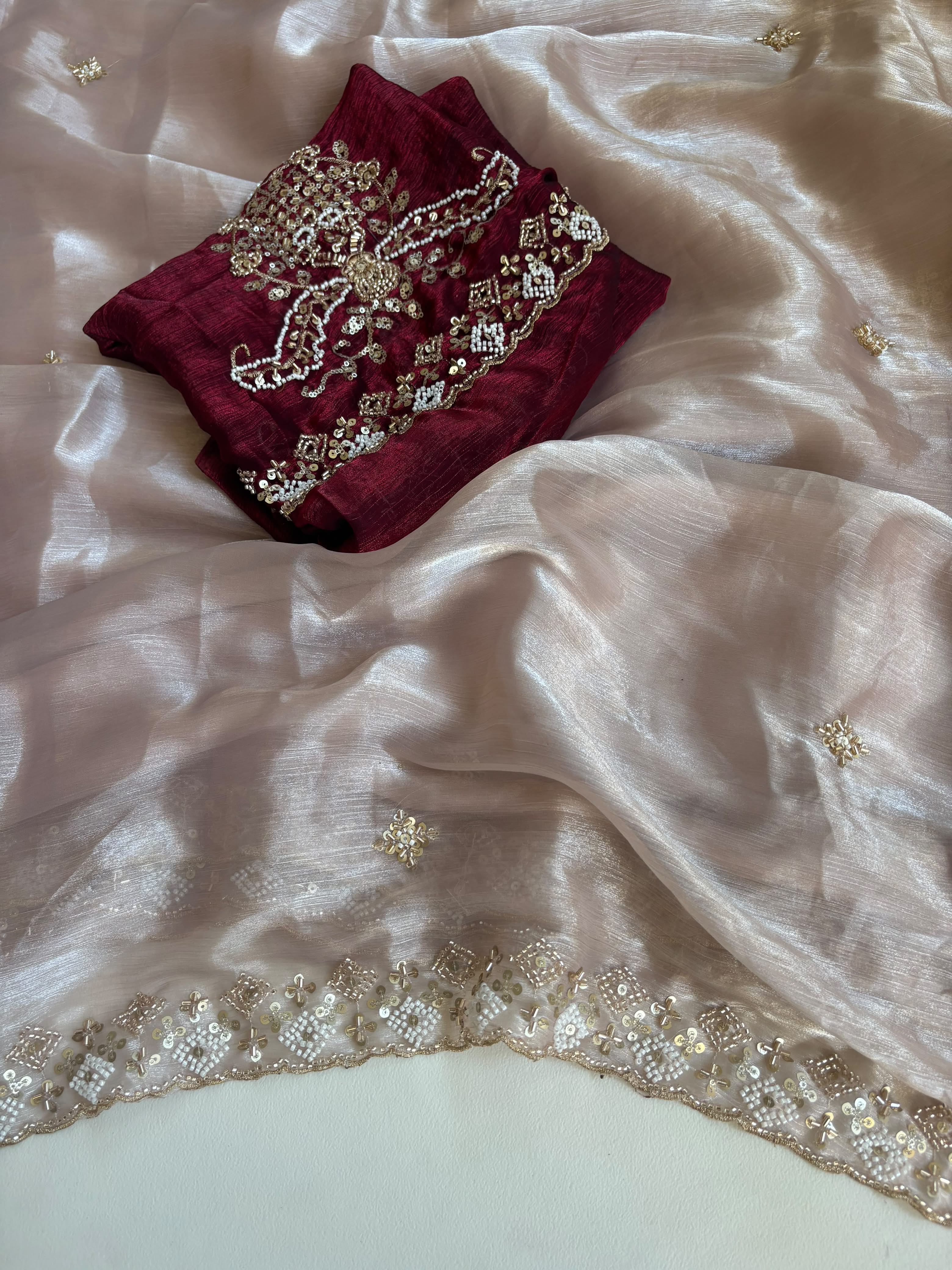 Elegant Fendy Satin Saree with beautiful sequence beats work Paired with unstitched 0.90 meter blouse piece