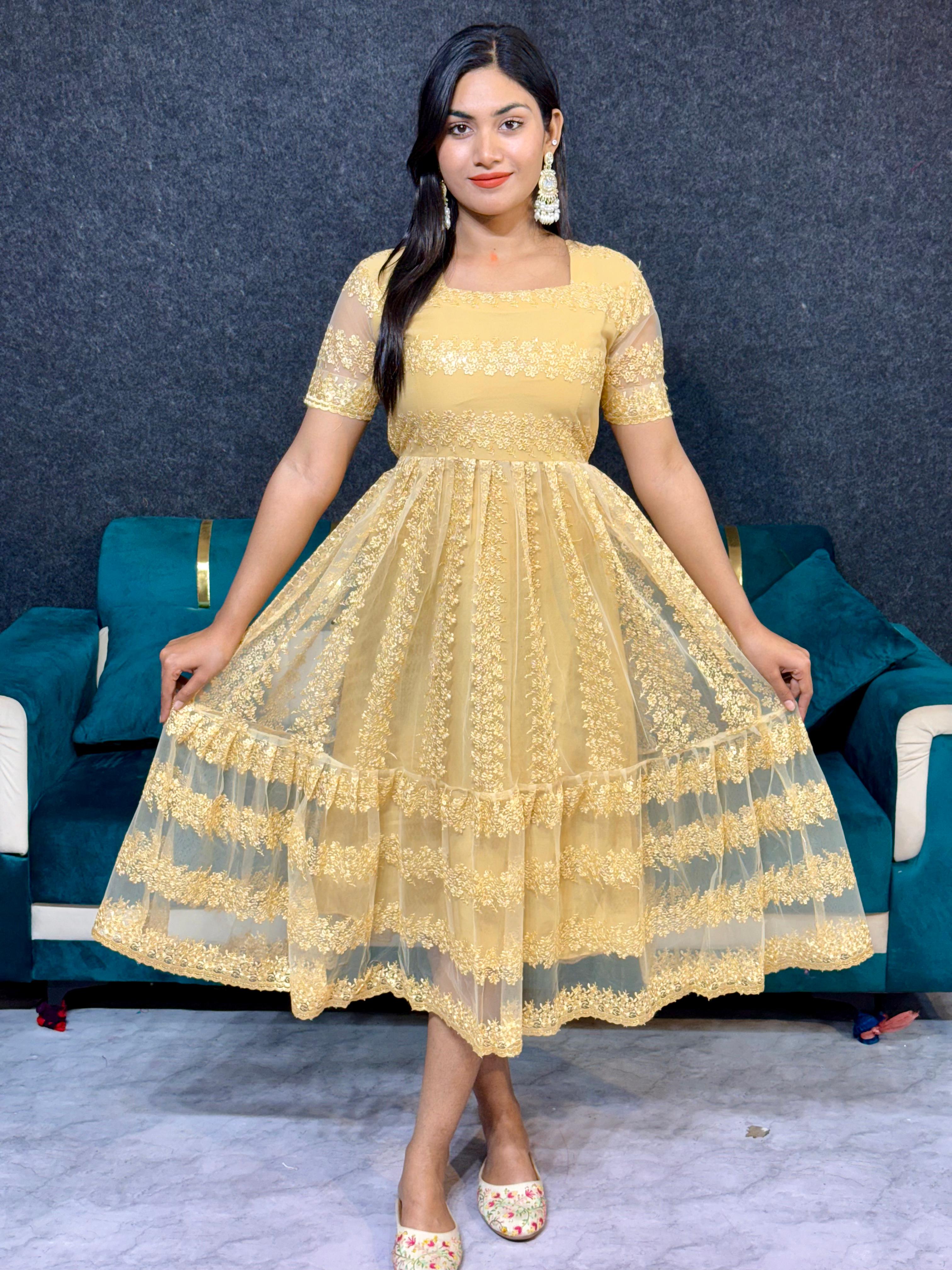 Beautiful Flower Embroidery Sequence Work Frocks