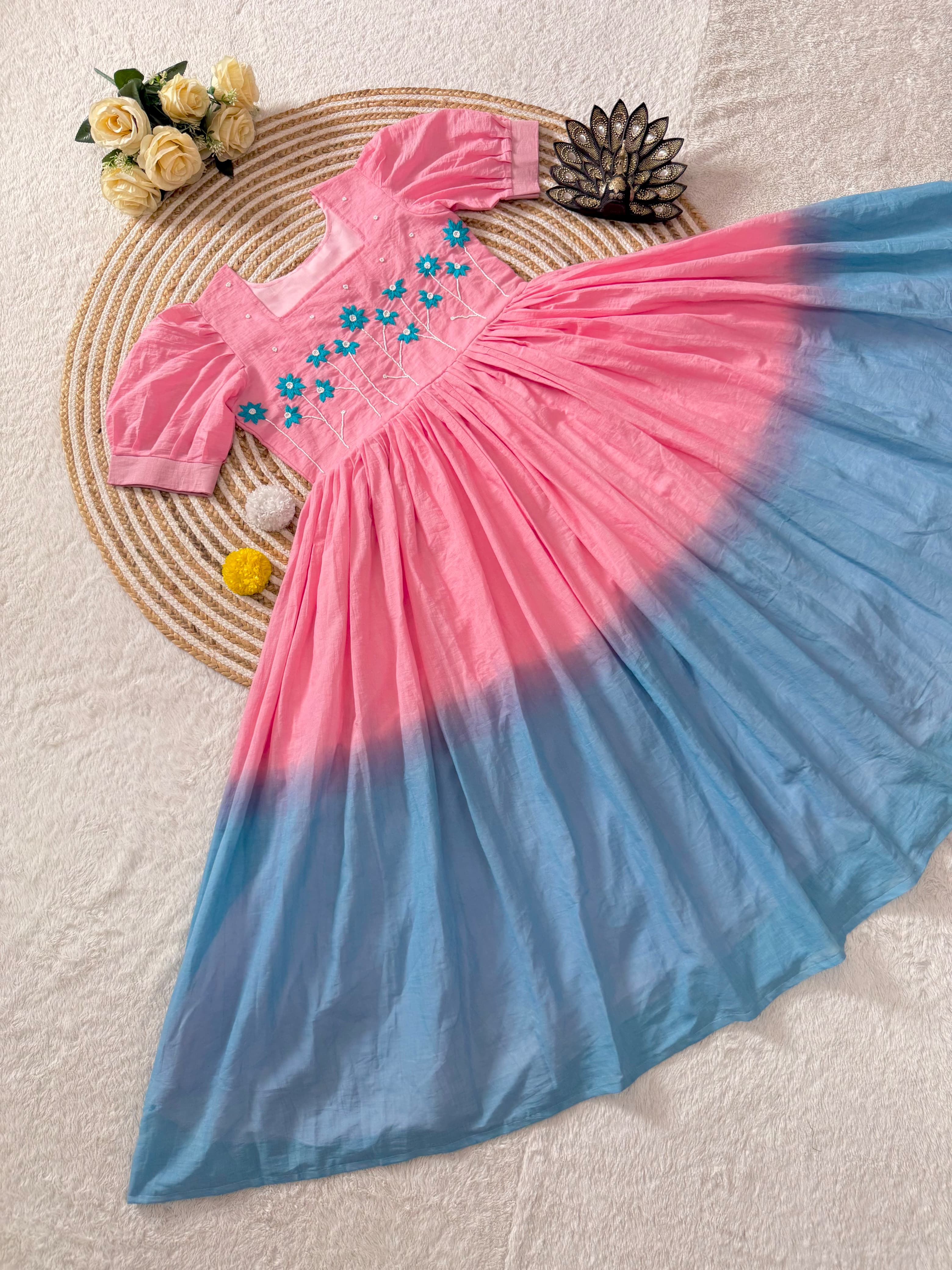 Designer Soft Mul Cotton with Pearls & Thread Handwork Gown Dress