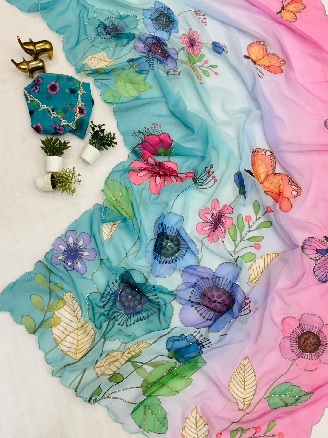 Chiffon Floral Digital Print with Beautiful Handwork and Arco Lace Border