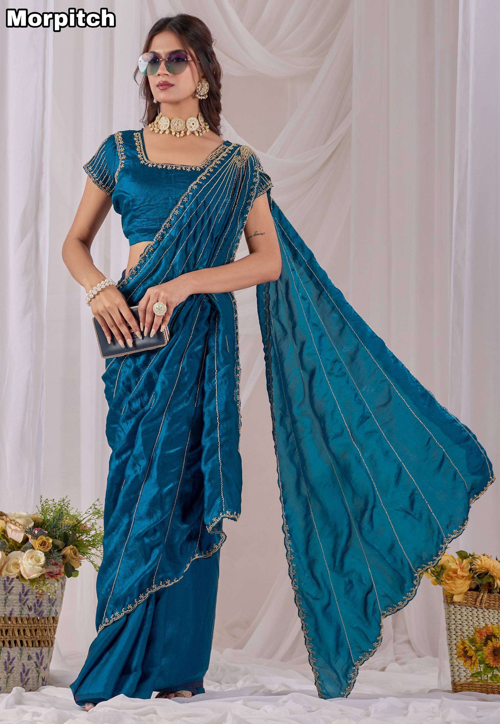 Space Silk Sarees with Cutdana Handwork & Maggam Work