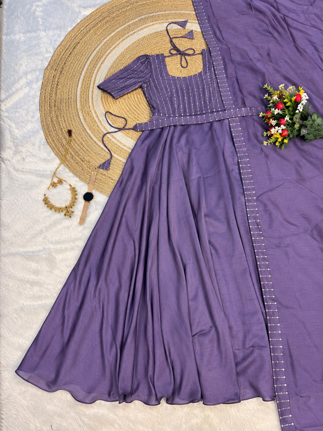Premium Blooming Vichitra Silk Gown+Duppata with Sequence and Beads work