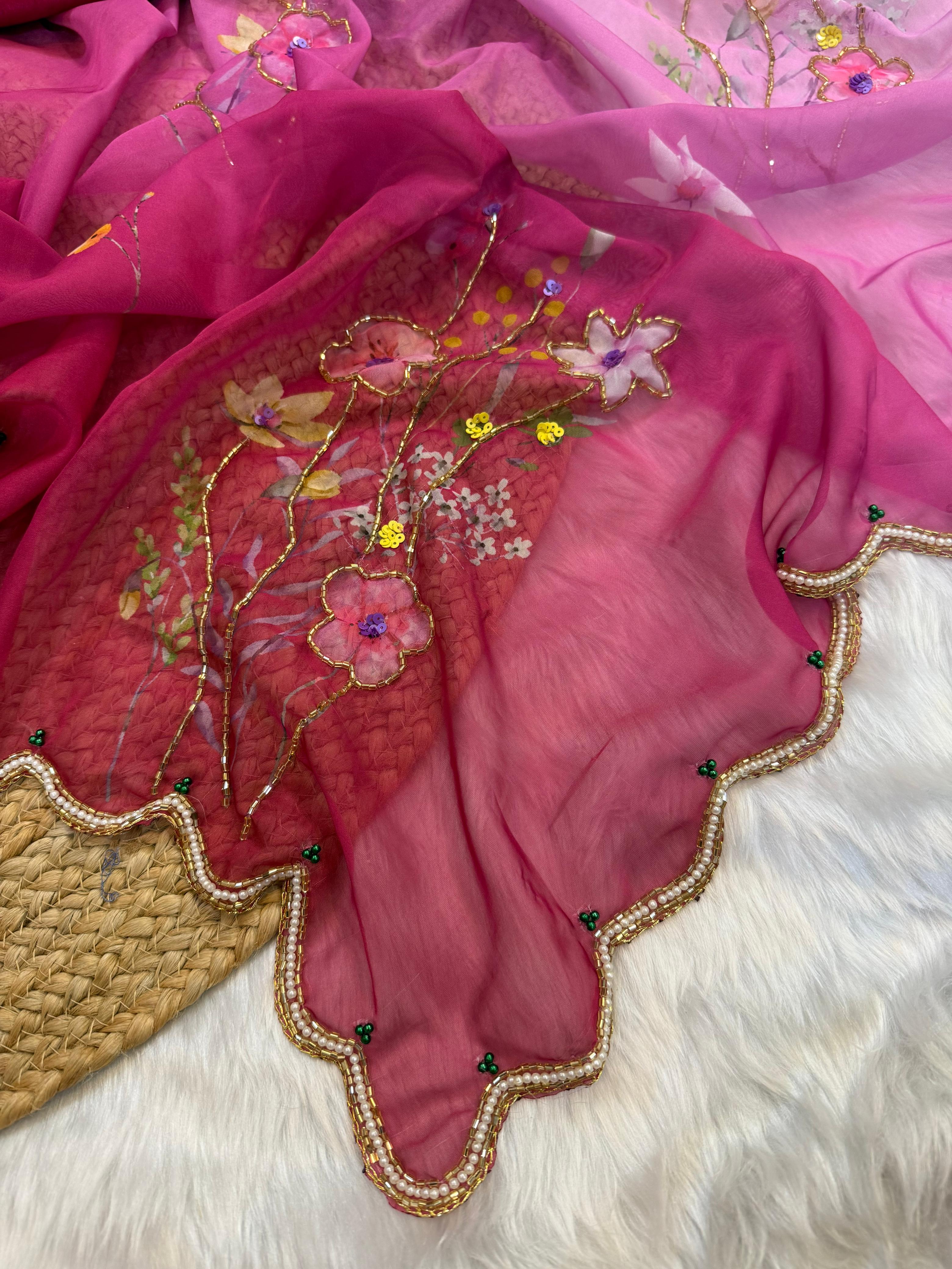 Pure Soft Tebby Silk Saree with Cutdana & Sequence Handwork