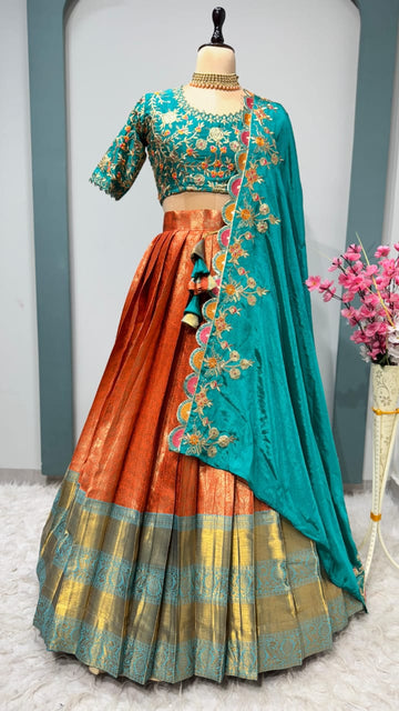 Exclusive Designer Premium Quality Kanjivaram fully stitched Lehenga With Designer Maggam work blouse & Designer Dupatta