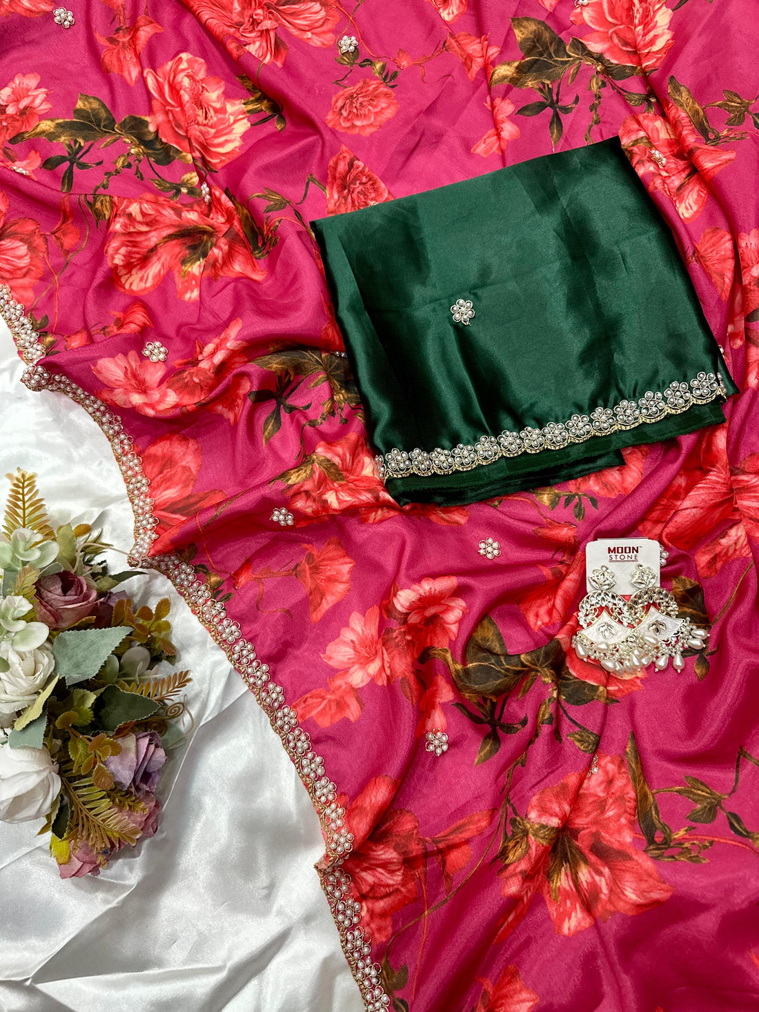 Chinnon Saree with Floral Designs & Moti Work