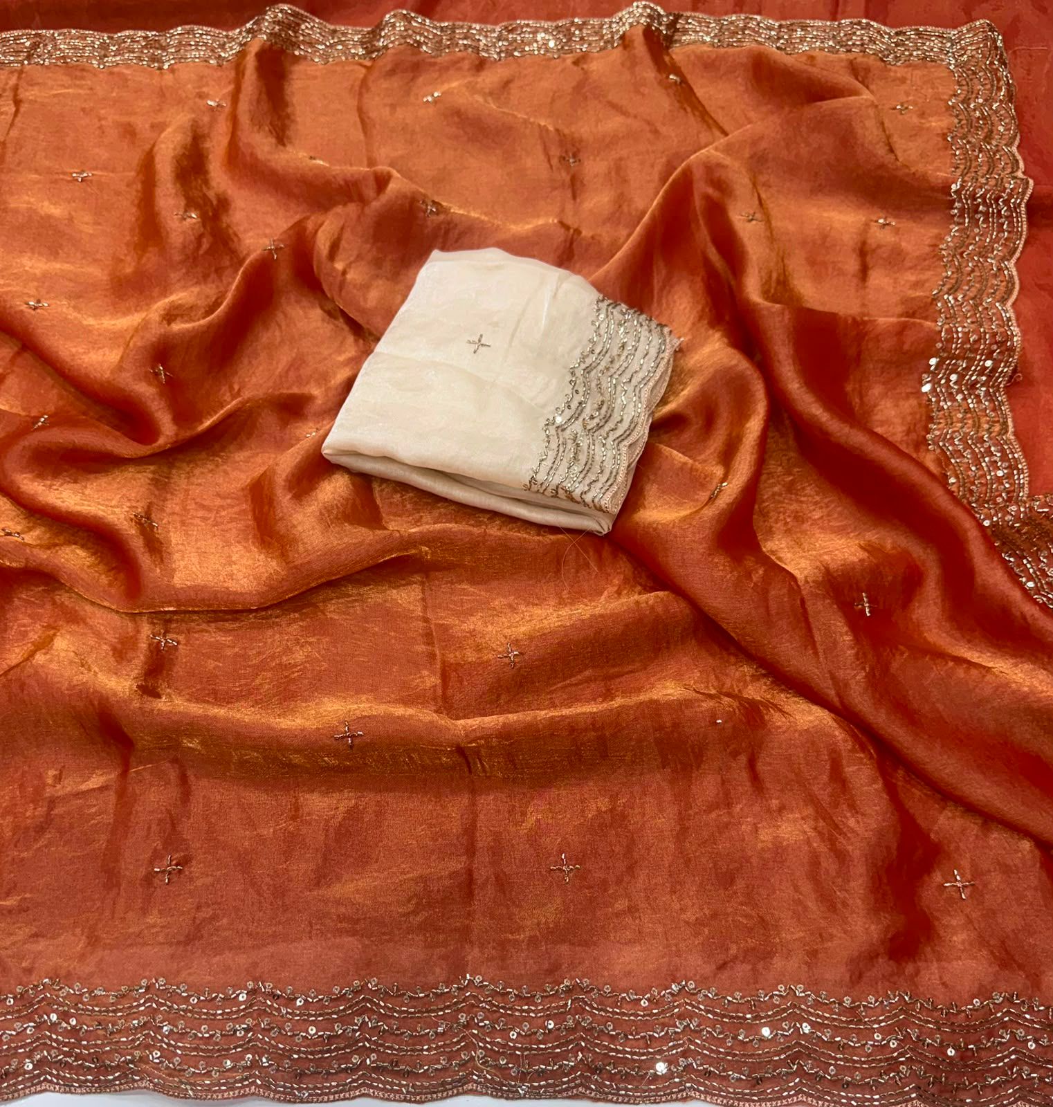 Space Sattin Bits Sequence Work Saree With Contrast Running Blouse
