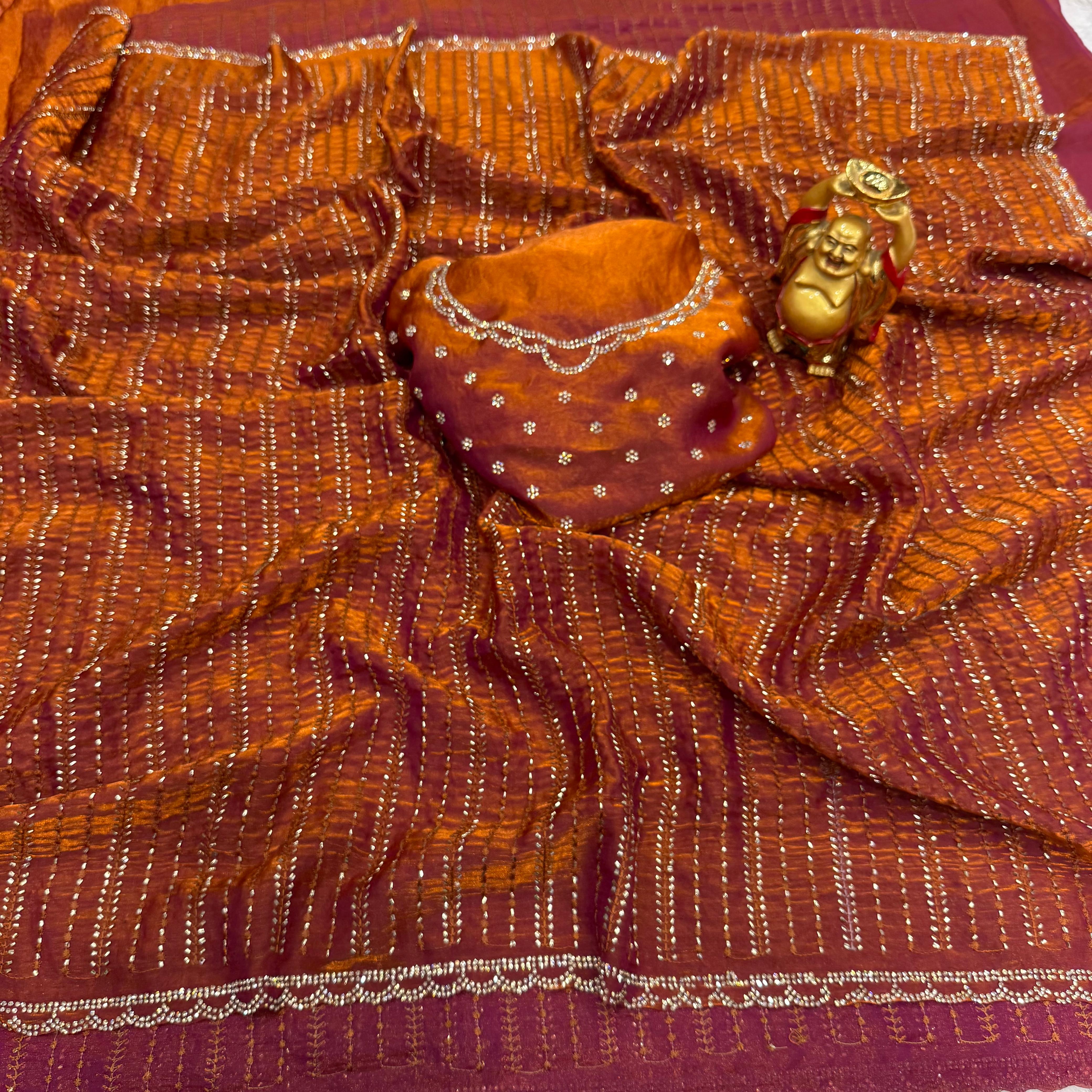 Soft Satin Sarees with Beeds Work with Zarkhan Border