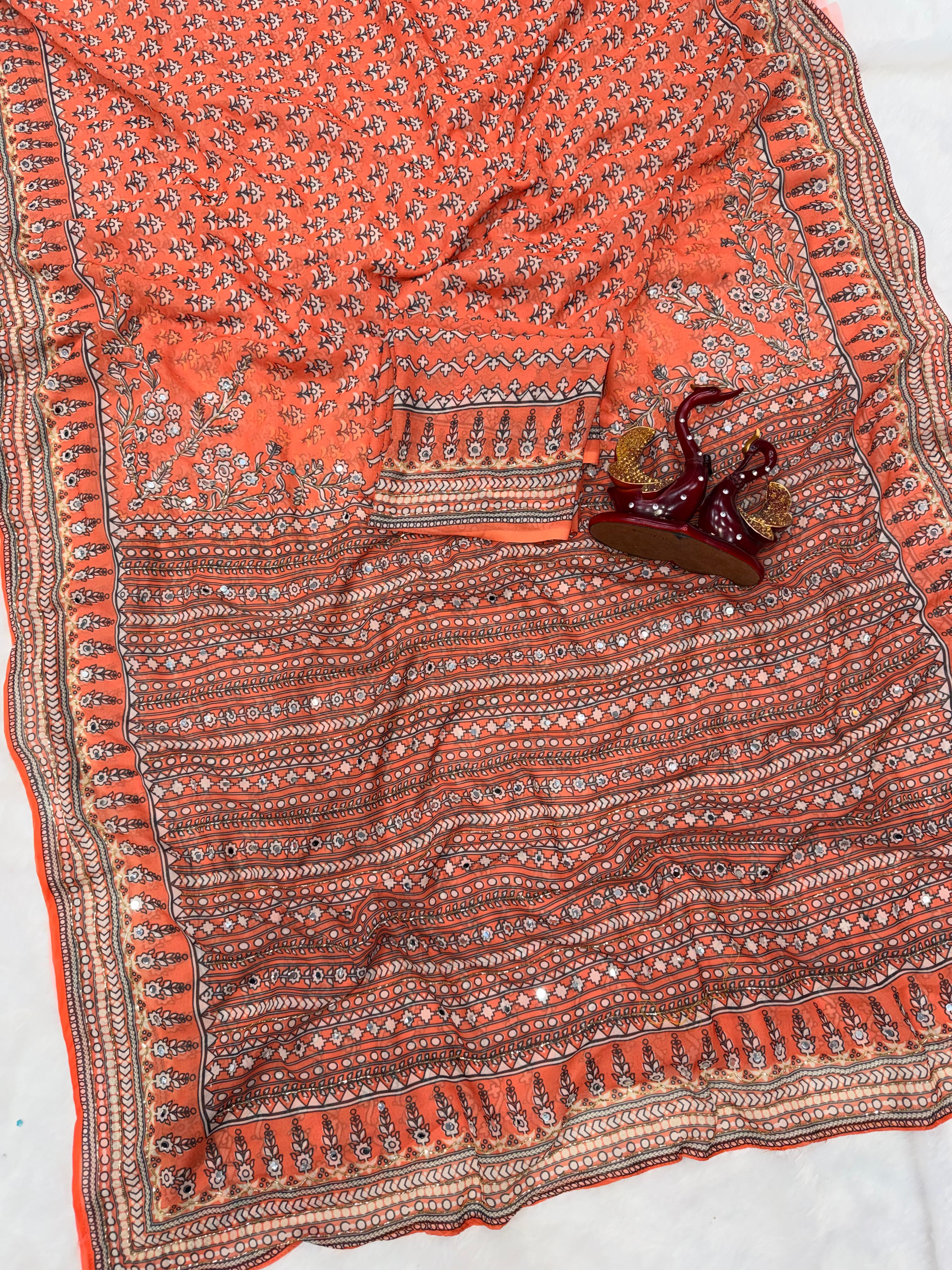 Ajrakh Designer Soft Fox Georgette Sarees with Cutdana and Mirror Work