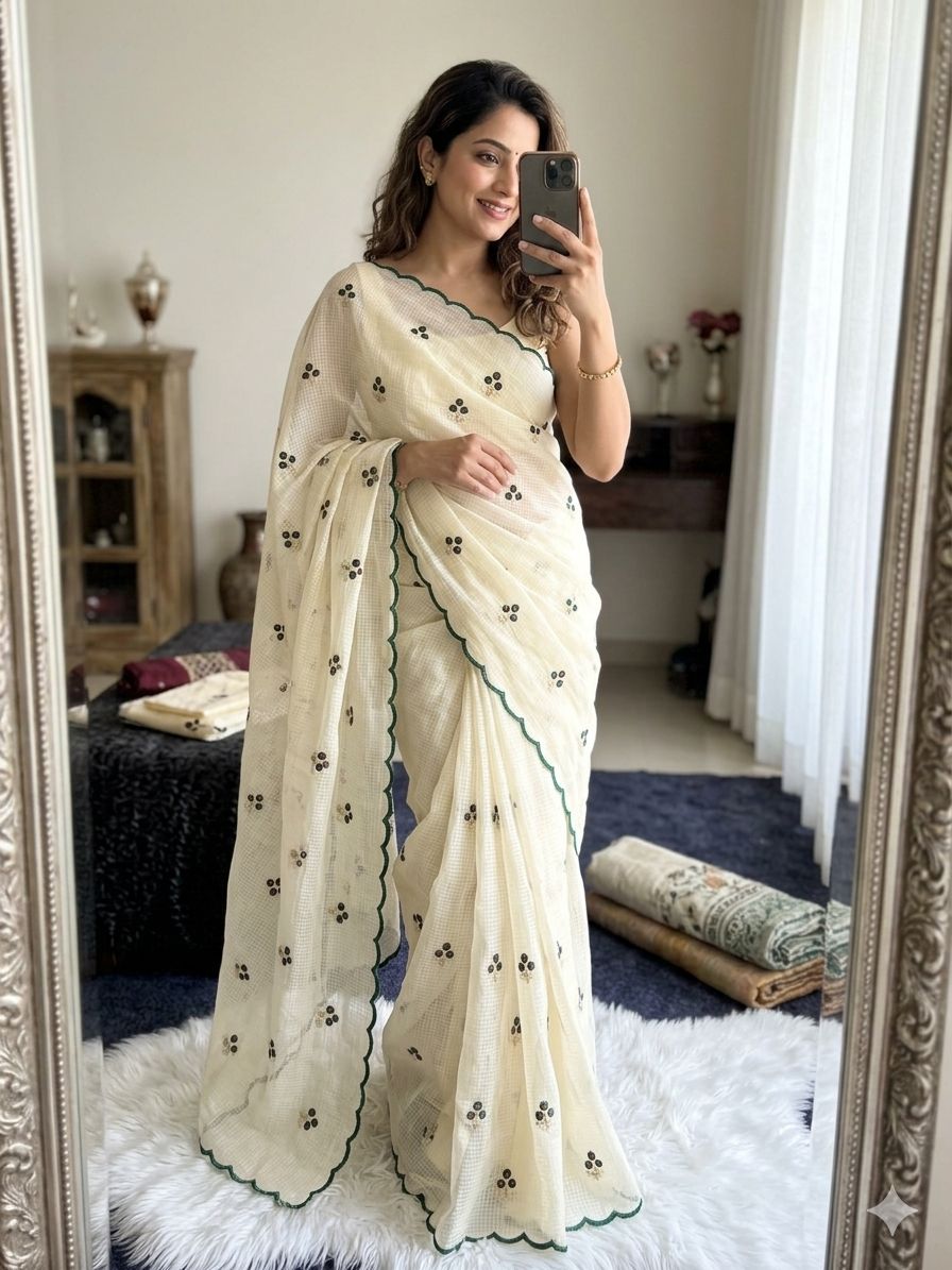 Soft Doria Checks Saree with Beautiful Embroidery all over Saree and Running Blouse with Work