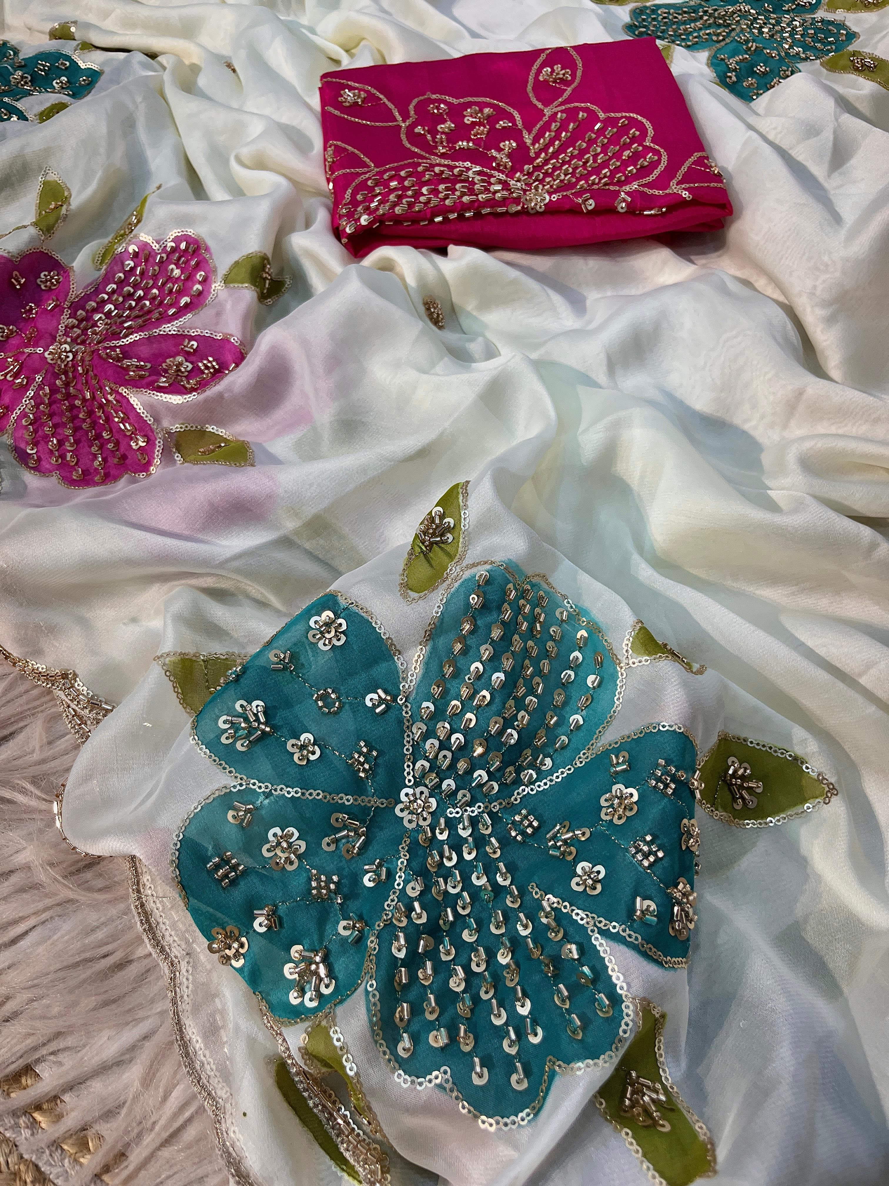 Premium Rangoli Saree with  beads work & brush print