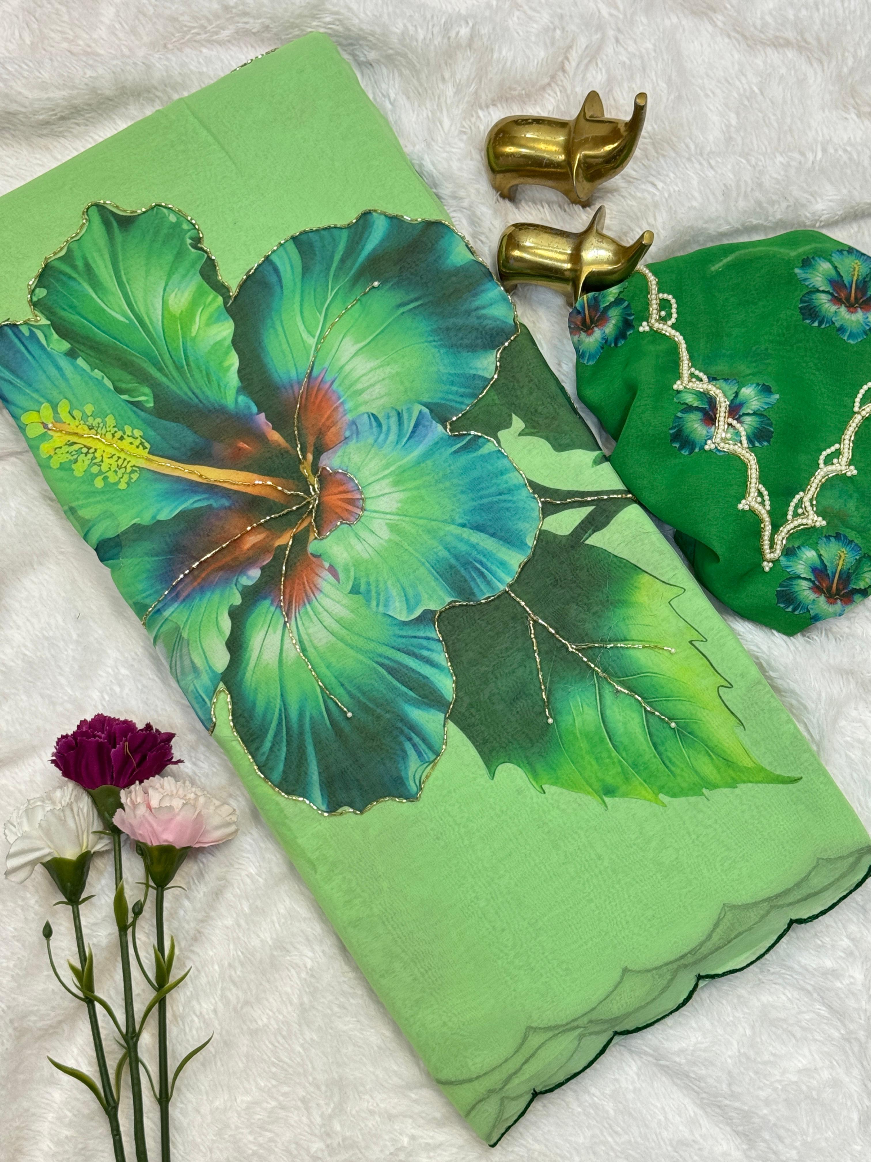 Smooth Chiffon Floral print with cutdana work