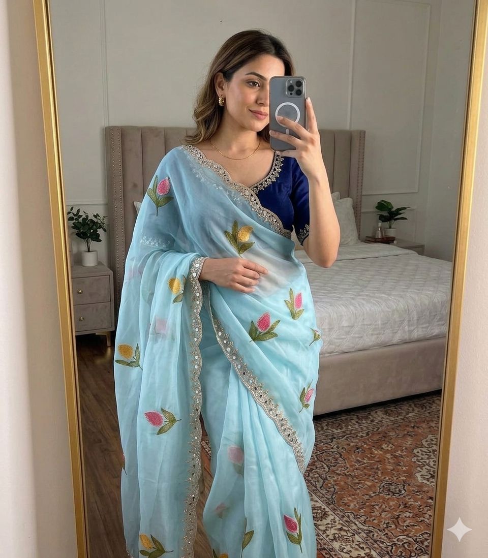 Star Georgette Silk Saree with allover Embroidery Work