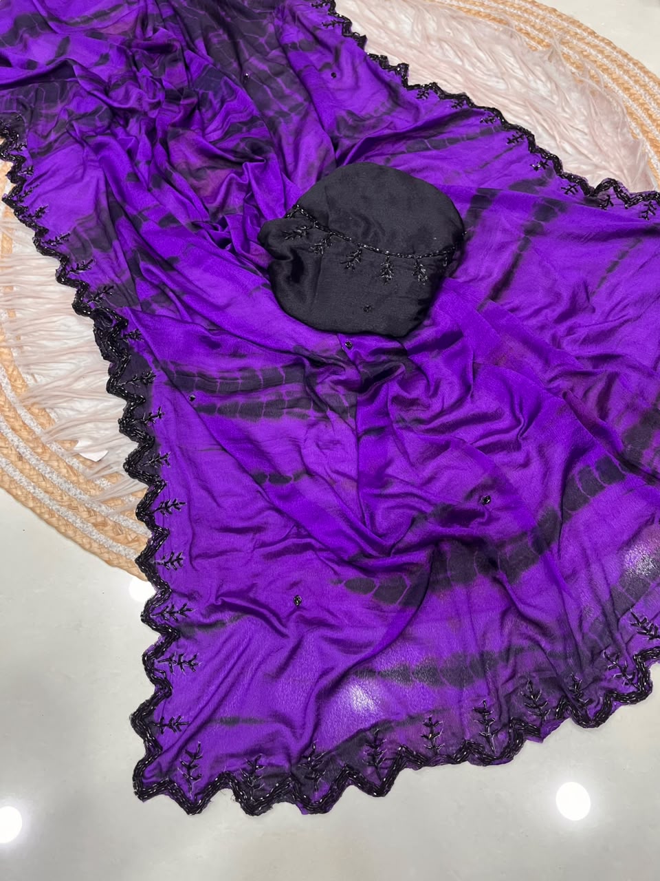 Pure Dyeable Chinon Sarees with Shibori design & Cutdana Border