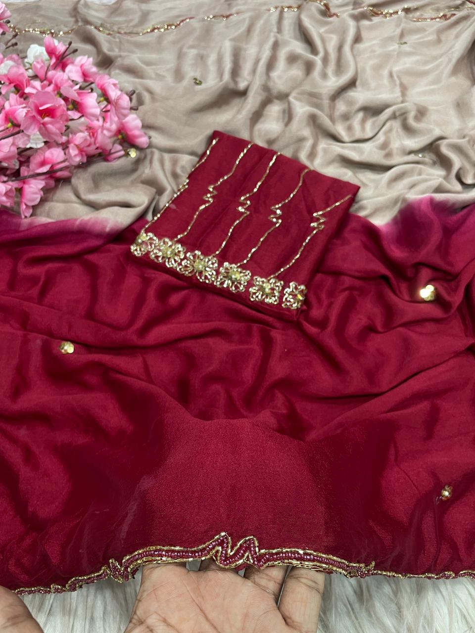 Designer Pure Dyeable Shaded Chinnon Saree with Cutdana Work