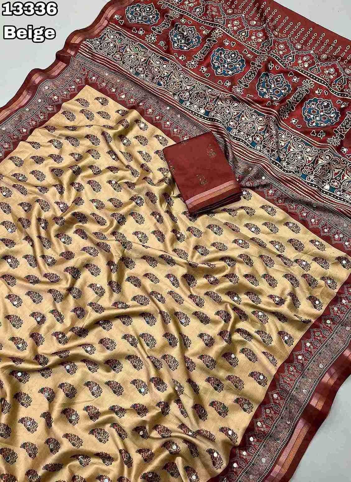 Soft & Smooth Silk Crape Ajrakh Design Digital Print With Original Mirror Work & Zari Weaving Borde
