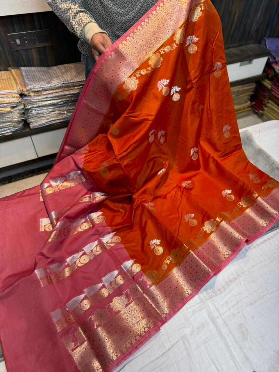 Orange Banarasi Raw Mango Soft Silk Sarees