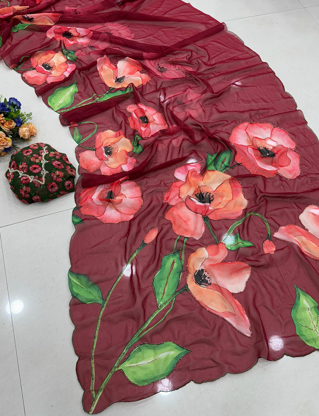 Chiffon floral saree with cutdana work