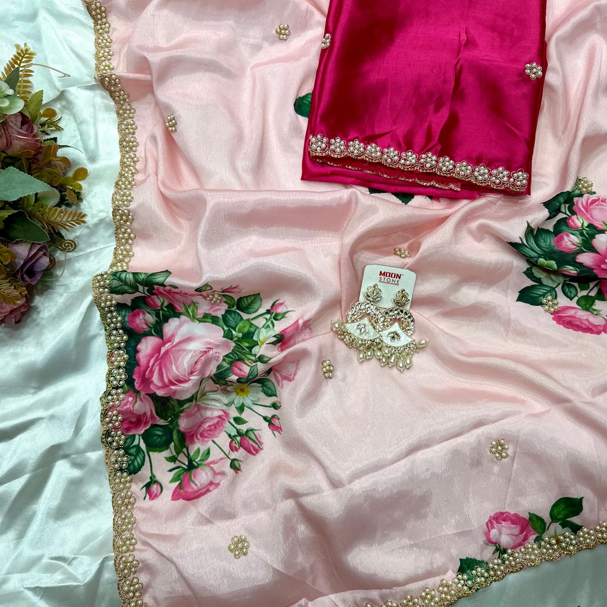 Chinnon Saree with Floral Designs & Moti Work