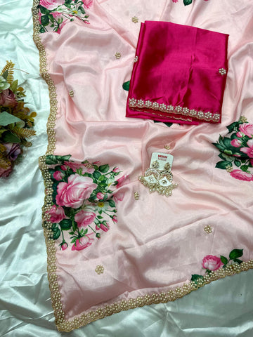 Chinnon Saree with Floral Designs & Moti Work