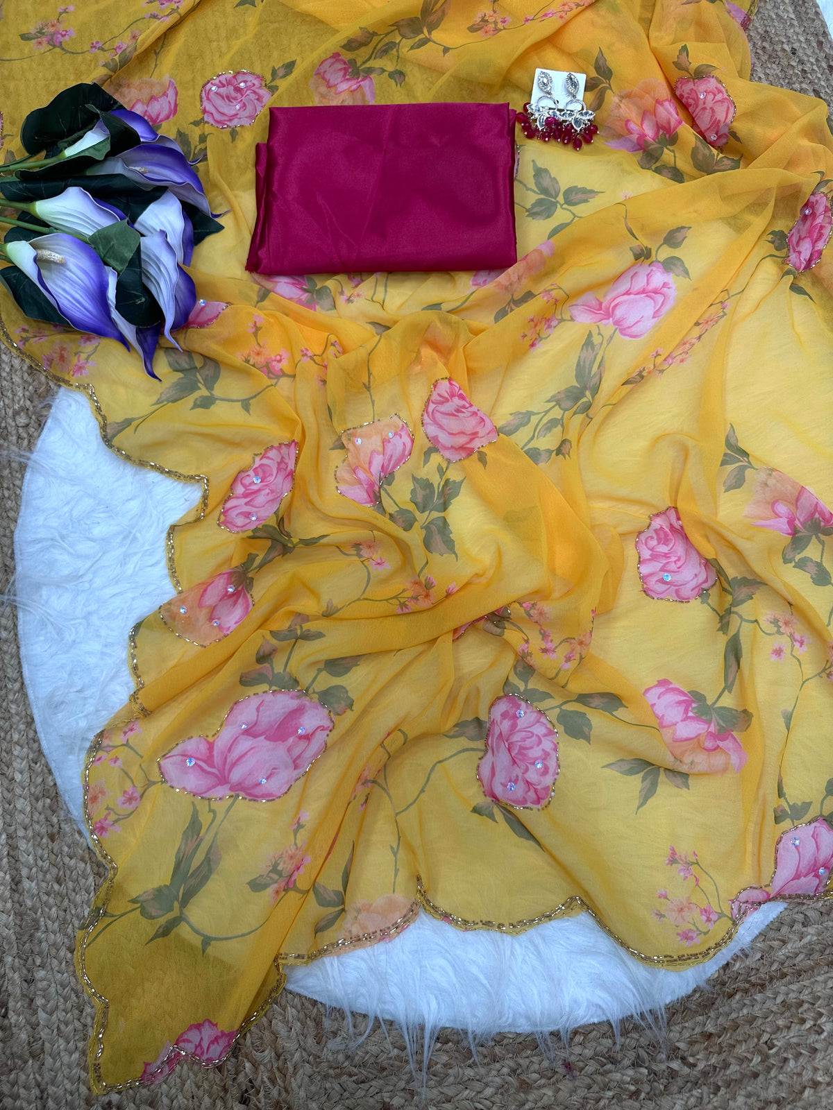 Soft Georgette Sarees with Digital Print & Designer Valmoti Handwork