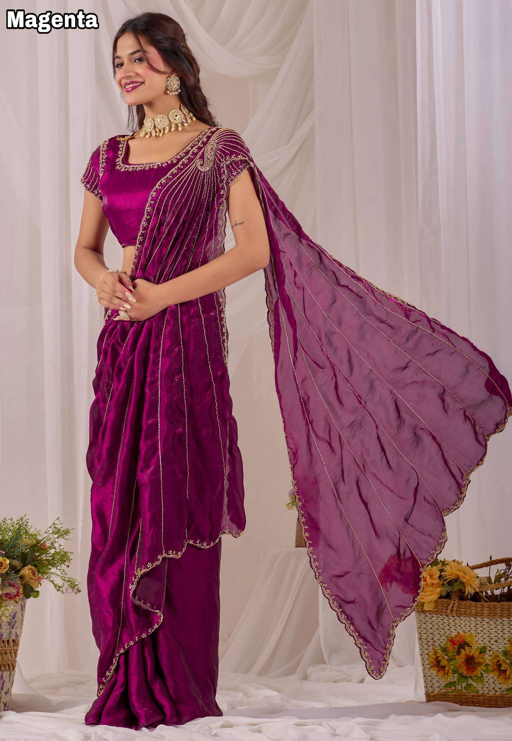 Space Silk Sarees with Cutdana Handwork & Maggam Work