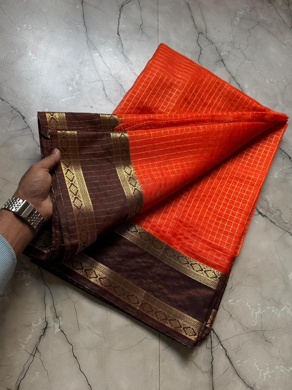Vintage Banarasi Saree with Checks, Orange and Brown Border