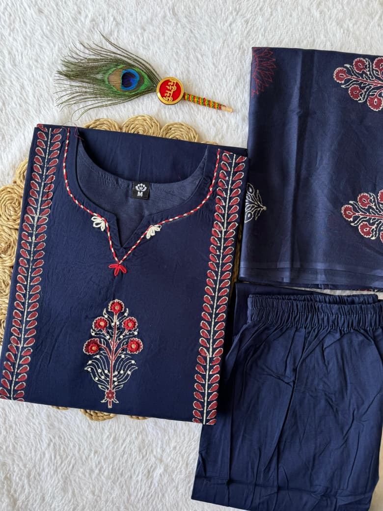 Pure Mul Cotton Kurta with Hand Block Print & Real Mirror Work