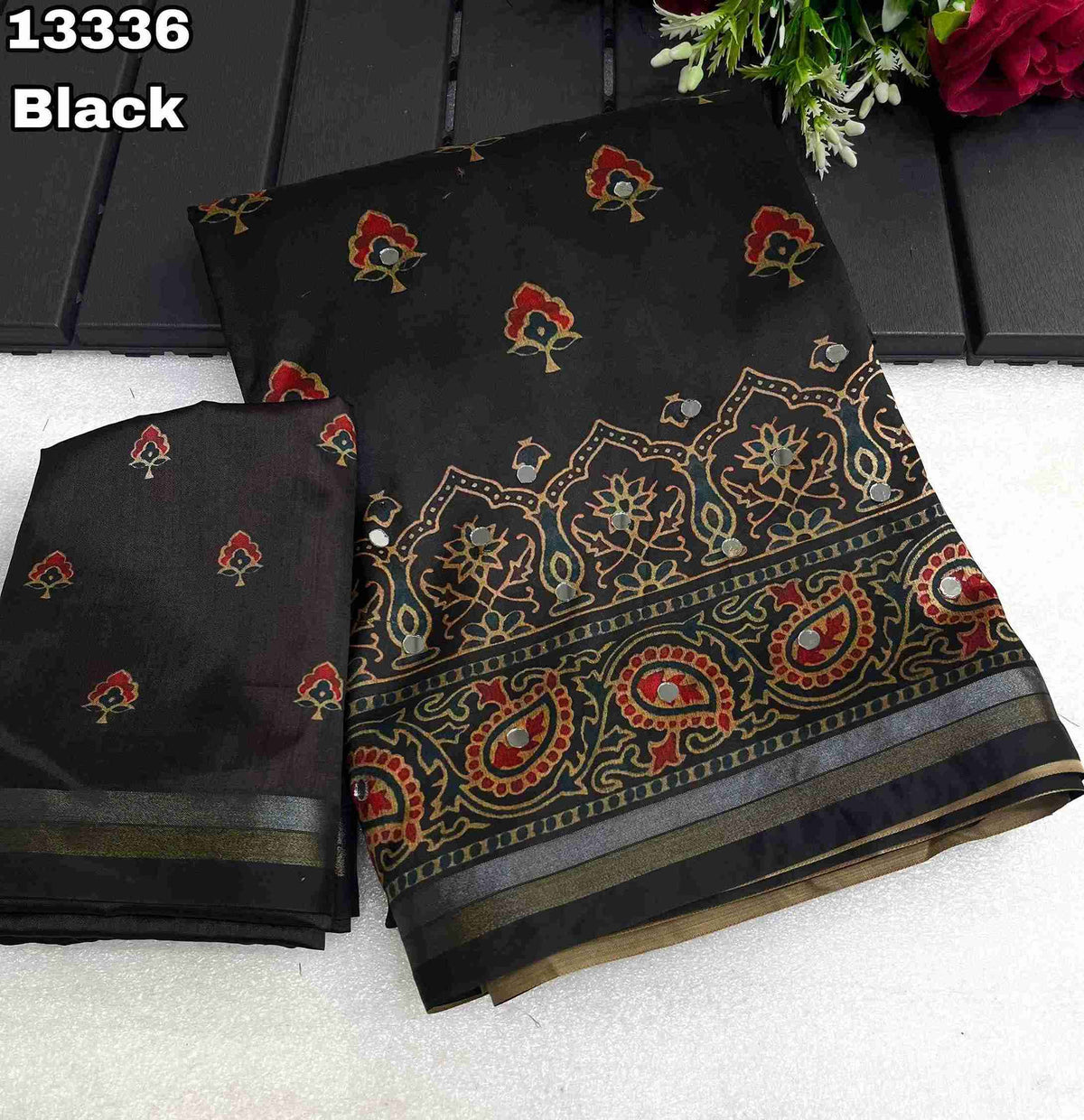 Soft & Smooth Silk Crape Ajrakh Design Digital Print With Original Mirror Work & Zari Weaving Borde