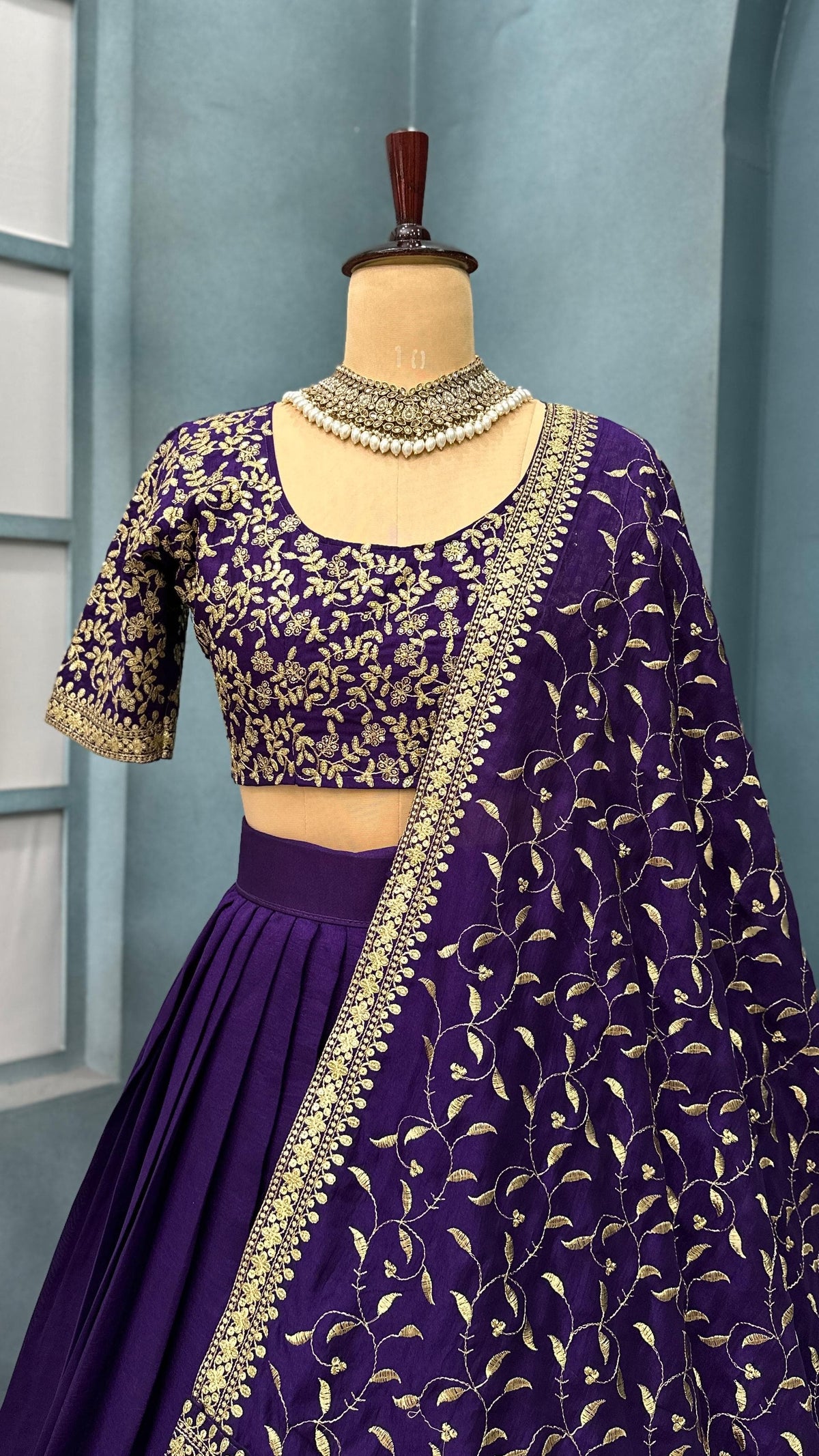 Premium Vichitra Silk with Maggam Work and Fully Stitched Lehangas