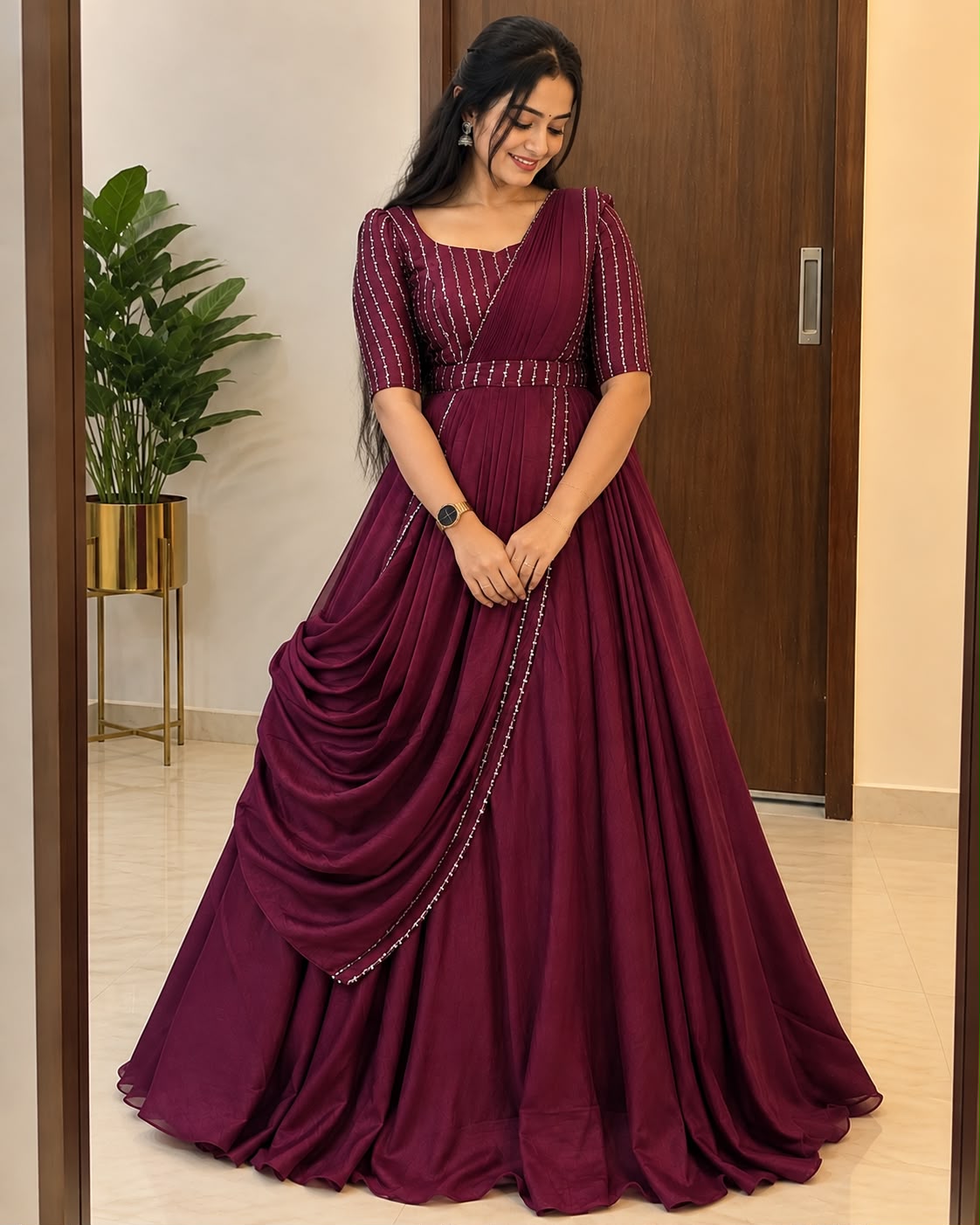 Premium Blooming Vichitra Silk Gown+Duppata with Sequence and Beads work