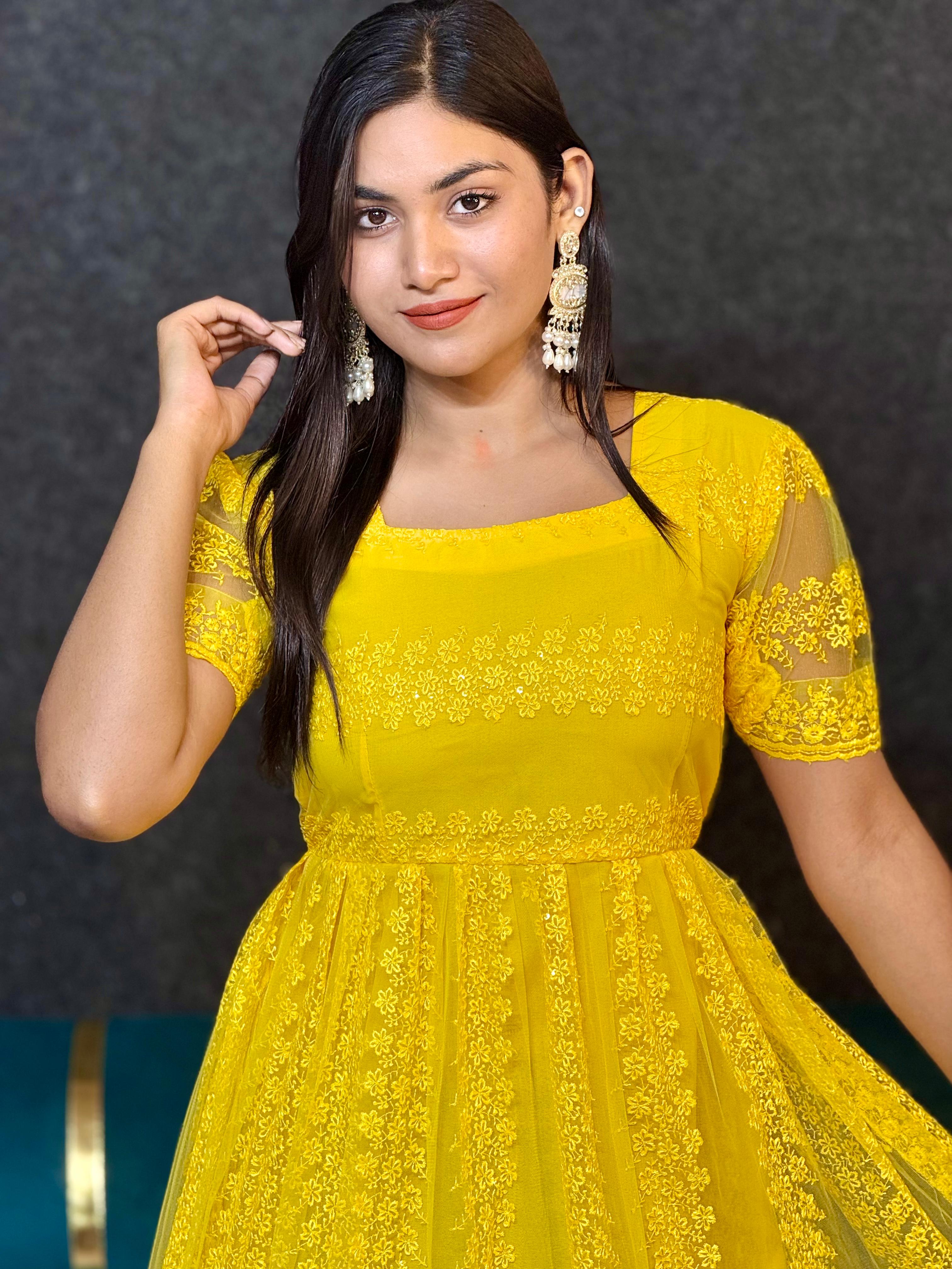 Beautiful Flower Embroidery Sequence Work Frocks