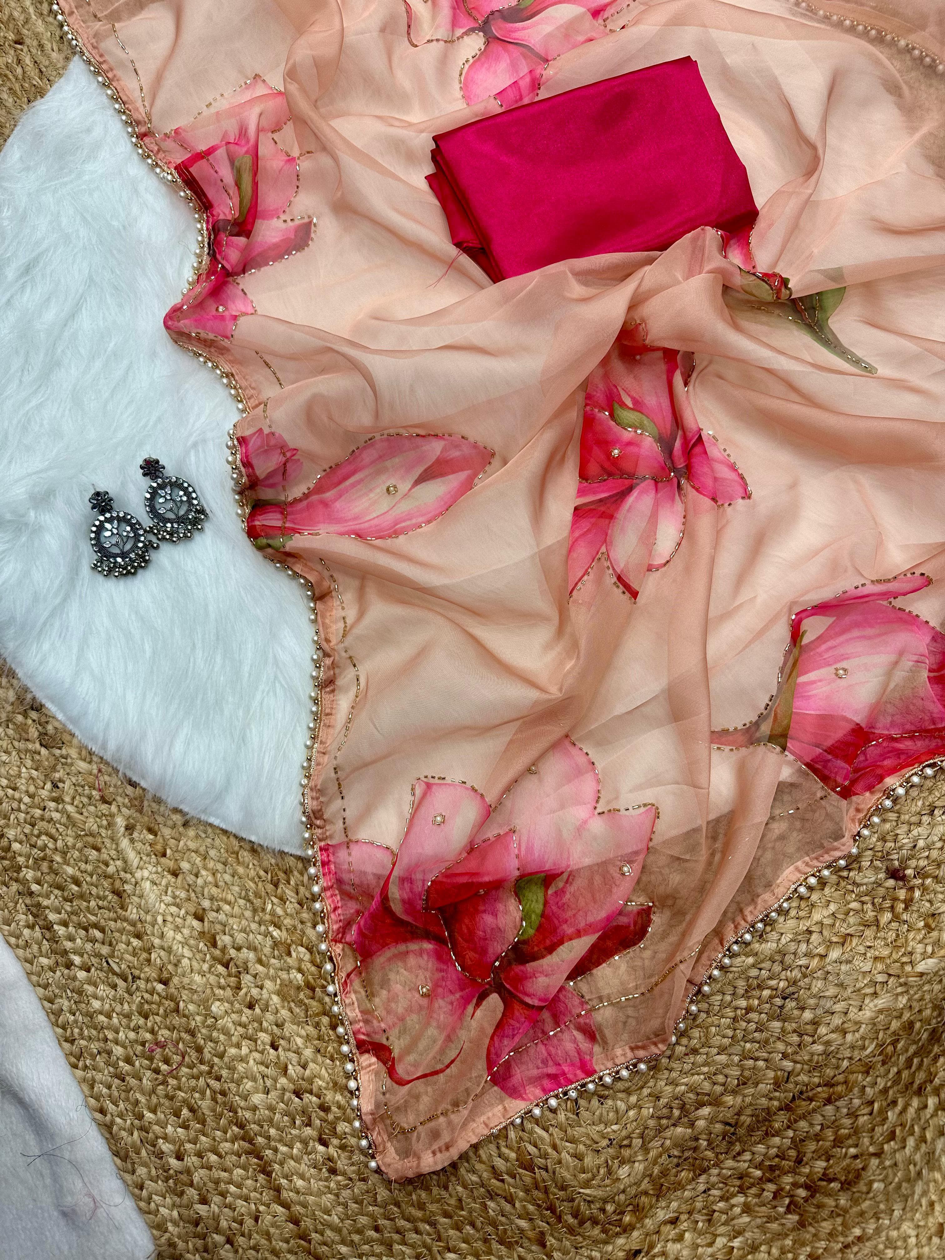 Georgette Silk with Designer Handwork Saree and Moti Lace Border