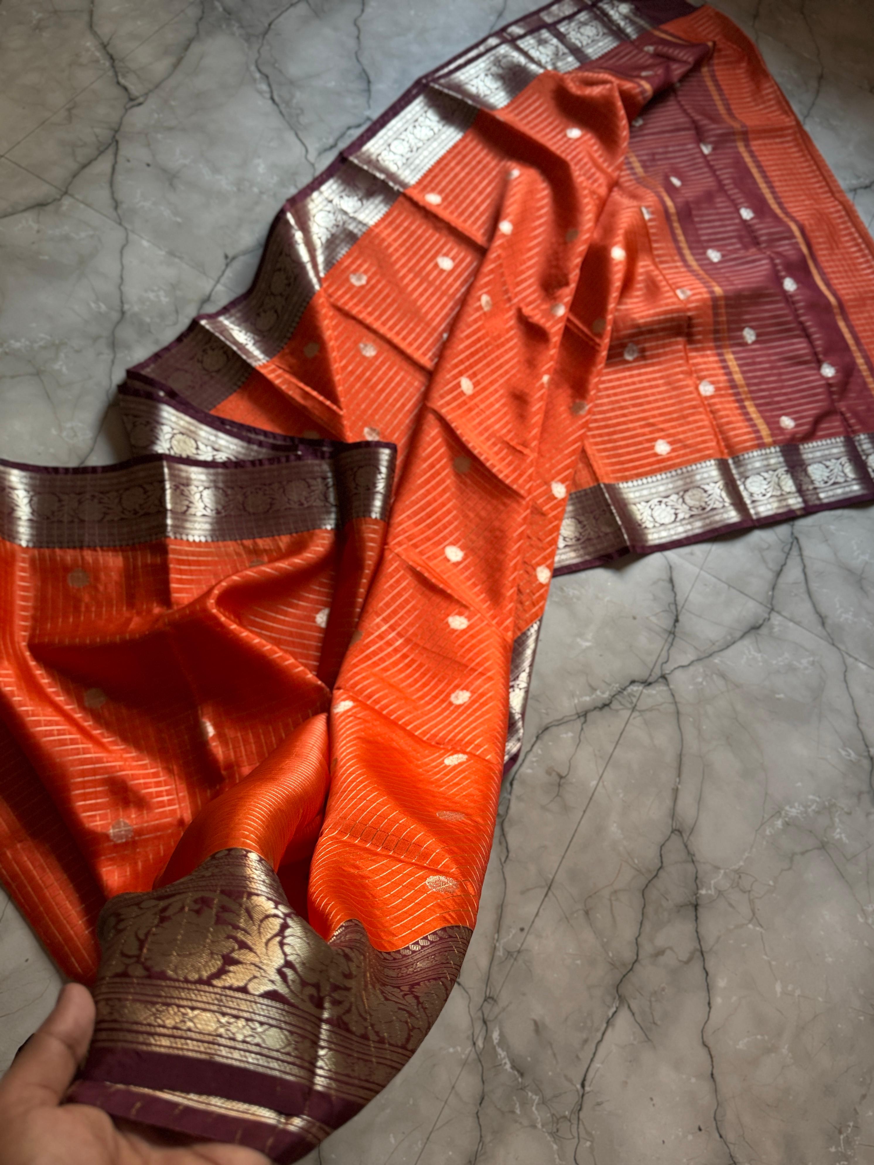 Banarasi Semi Katan Soft Zari with Checks Buti Silk Saree. Rust Orange & Brown