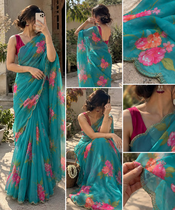 Soft Georgette Sarees with Digital Print & Designer Valmoti Handwork