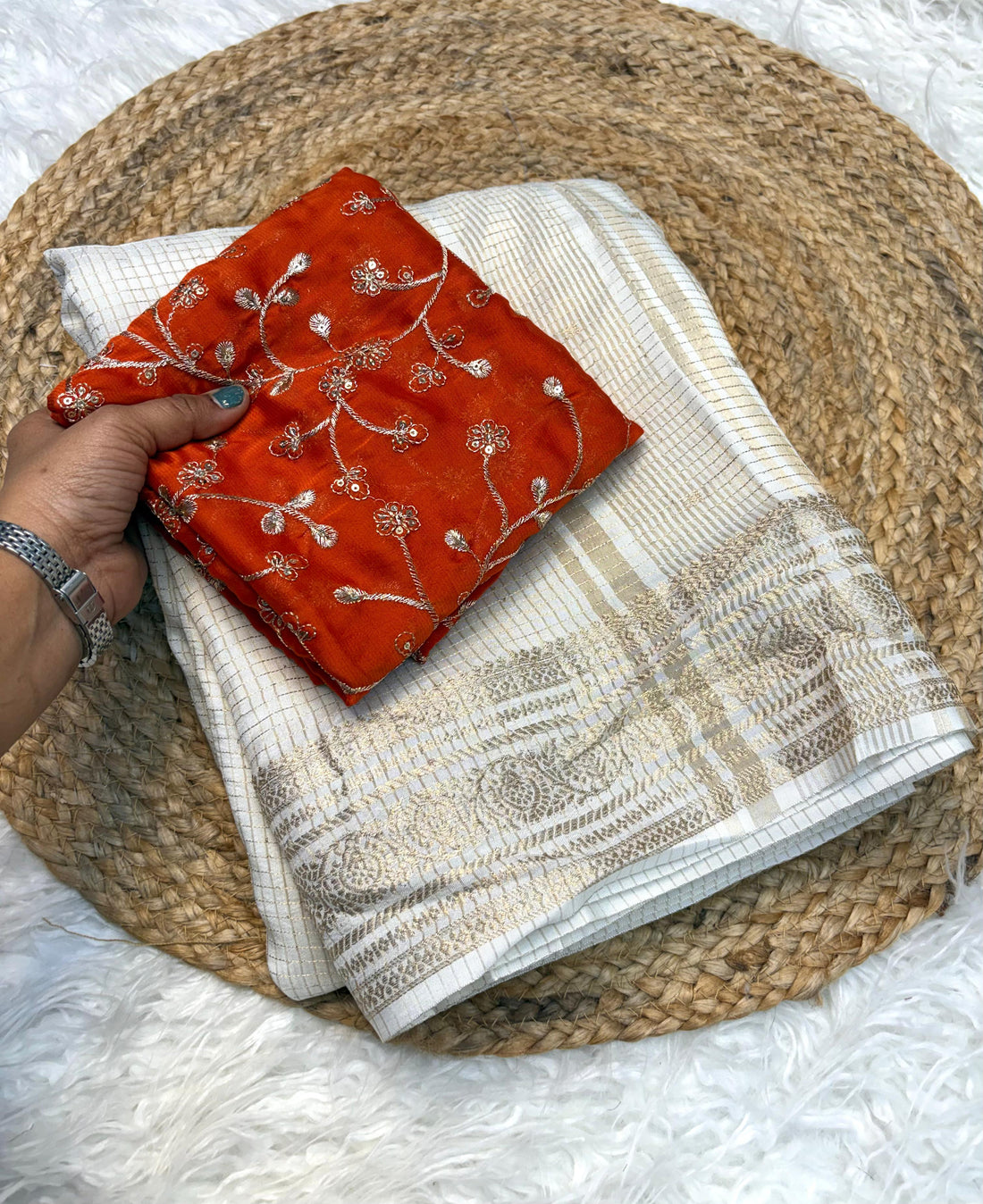 Pure Viscose Russian Dola Jacquard with small Chex & Embroidery Work Blouse