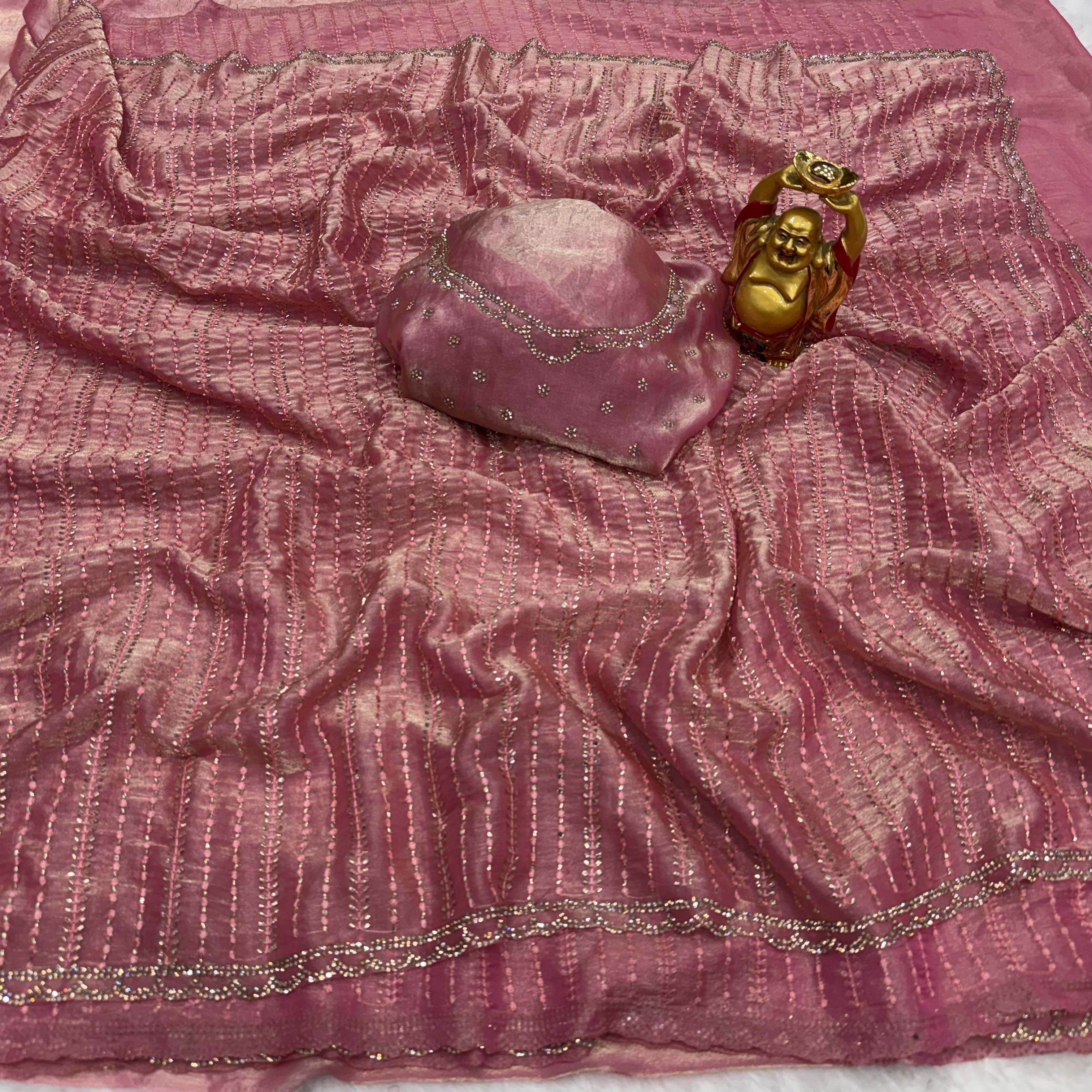 Soft Satin Sarees with Beeds Work with Zarkhan Border