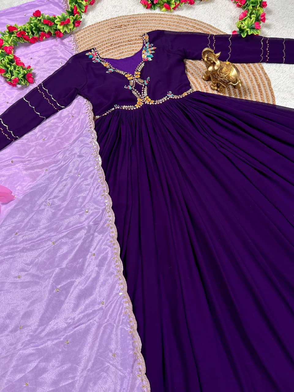 Purple Maggam Work Anarkali Dress with Duppata