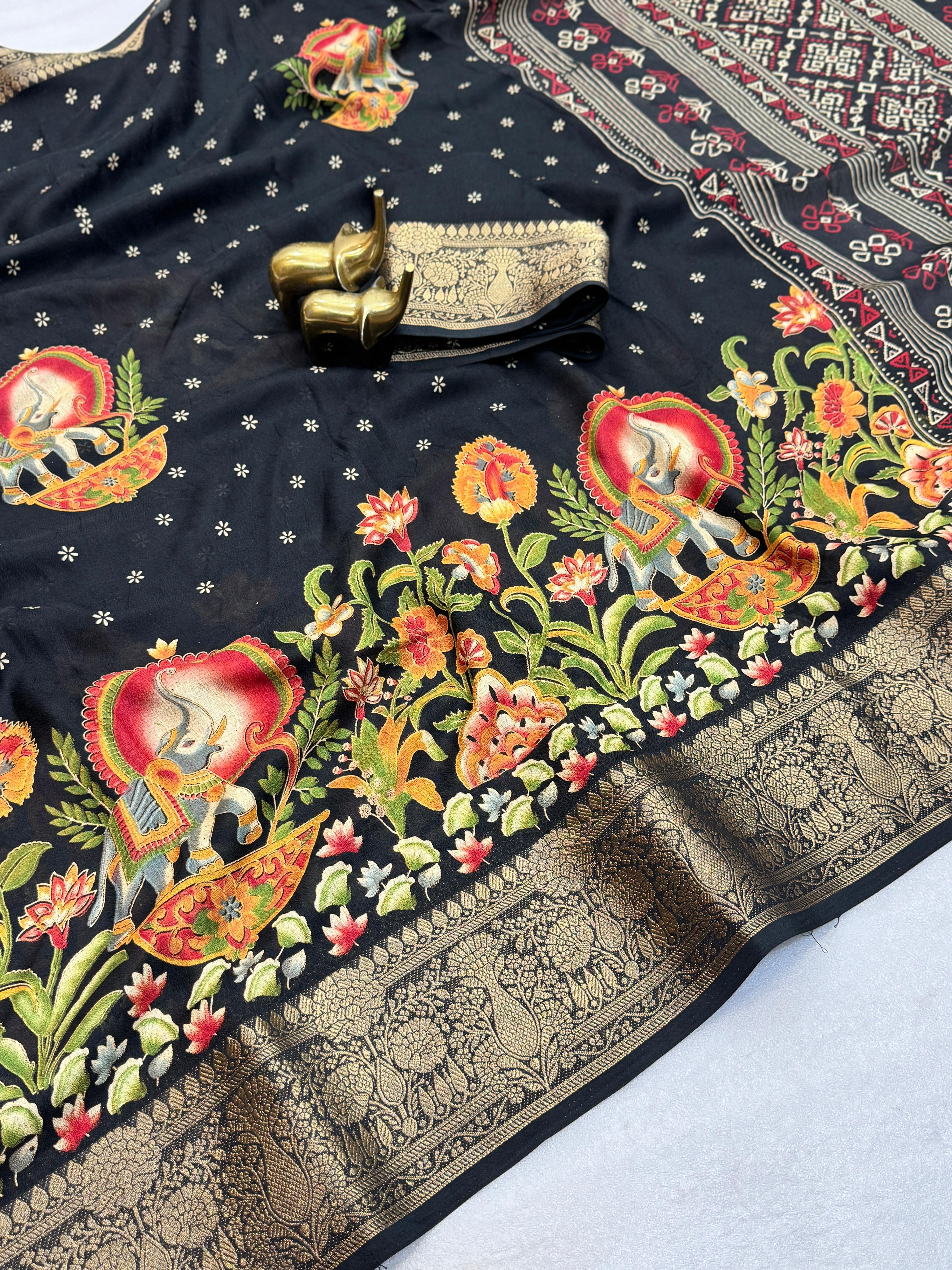 MASSMELLO SELF JEQURED SAREE HEAVY JEQ BORDER KALMKARI PRINT SAREE 
