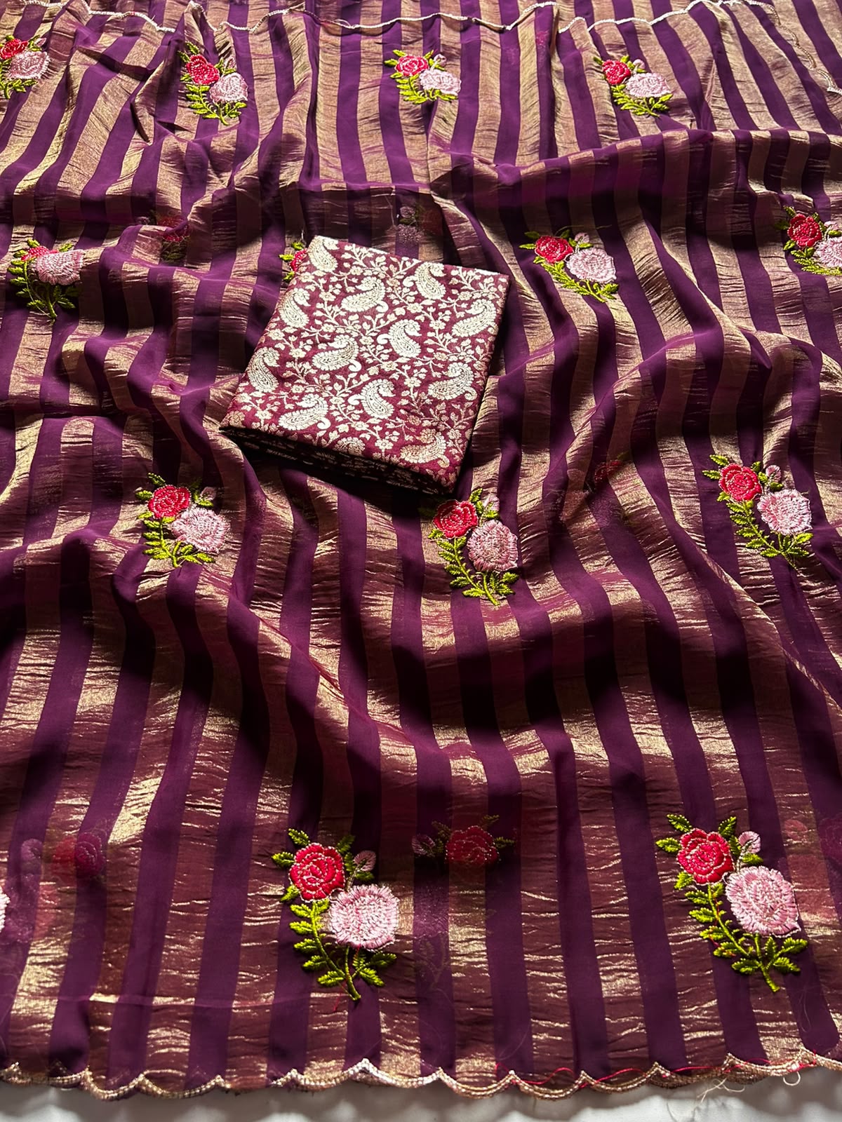 Fabric Sufi Crush Sarees with Embroidery Work all over and saree less border with beautiful cut work border