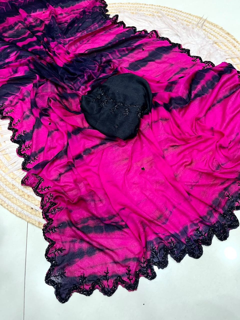 Pure Dyeable Chinon Sarees with Shibori design & Cutdana Border
