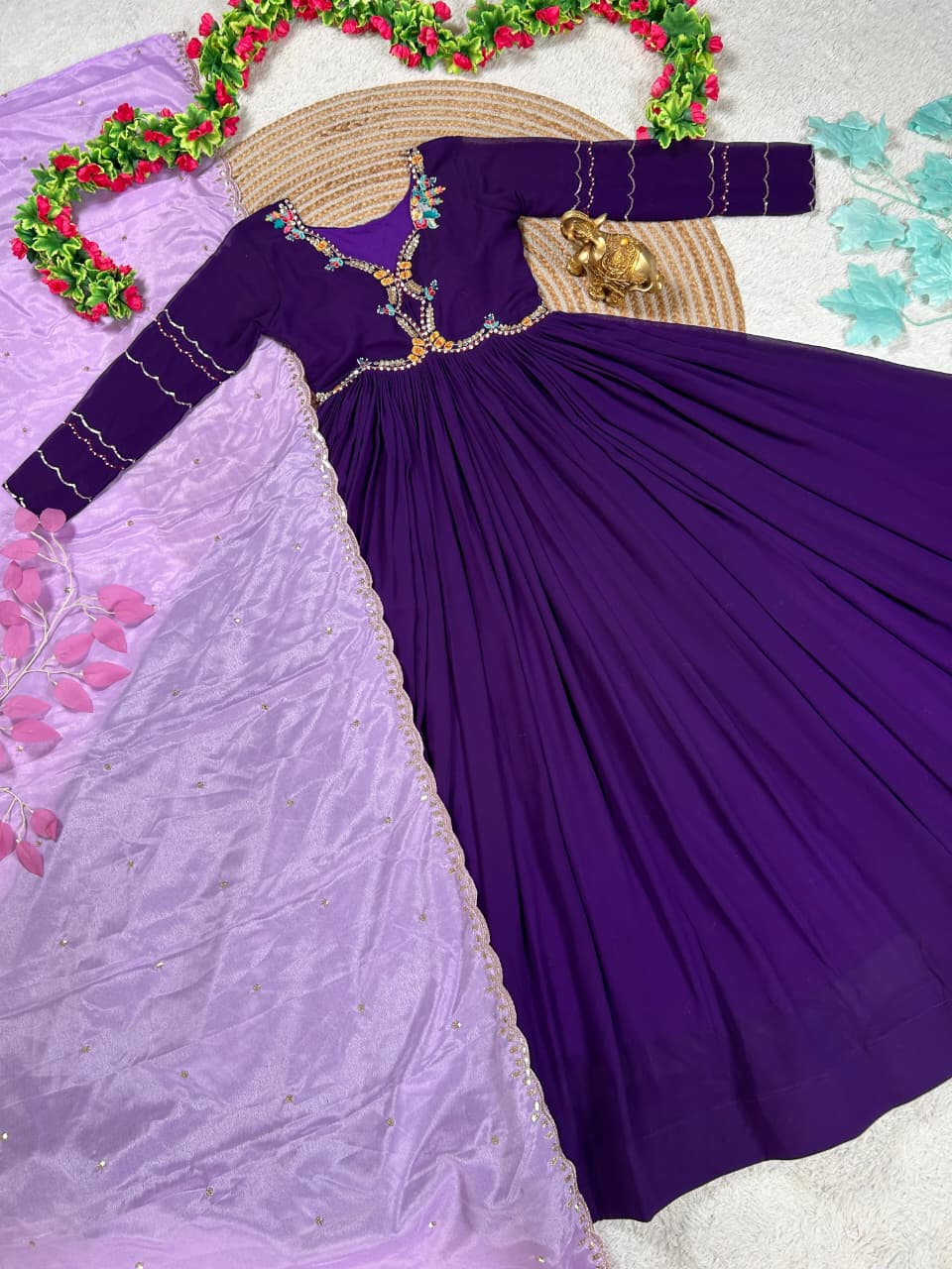 Purple Maggam Work Anarkali Dress with Duppata