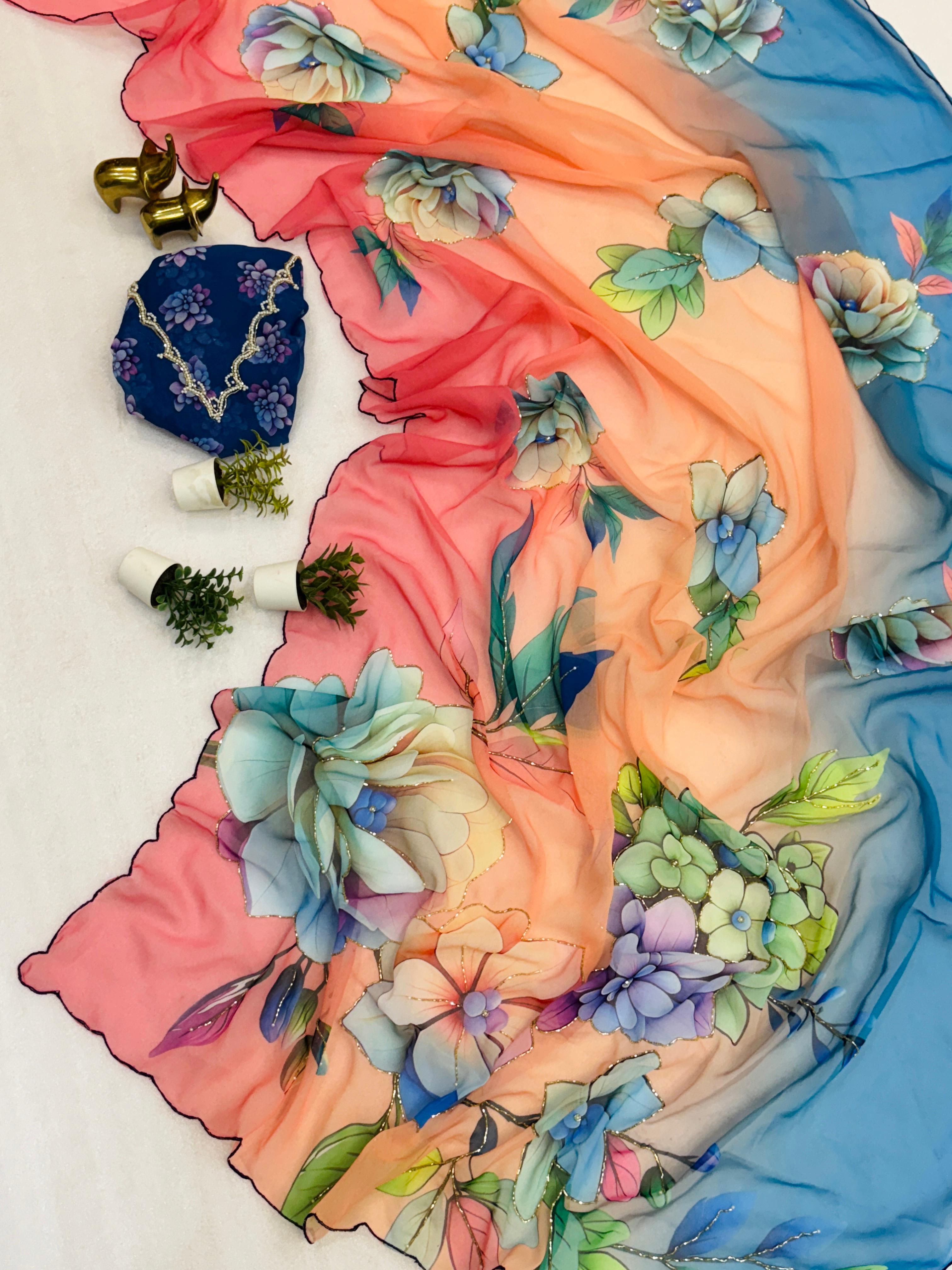 Chiffon Floral Digital Print with Beautiful Handwork and Arco Lace Border