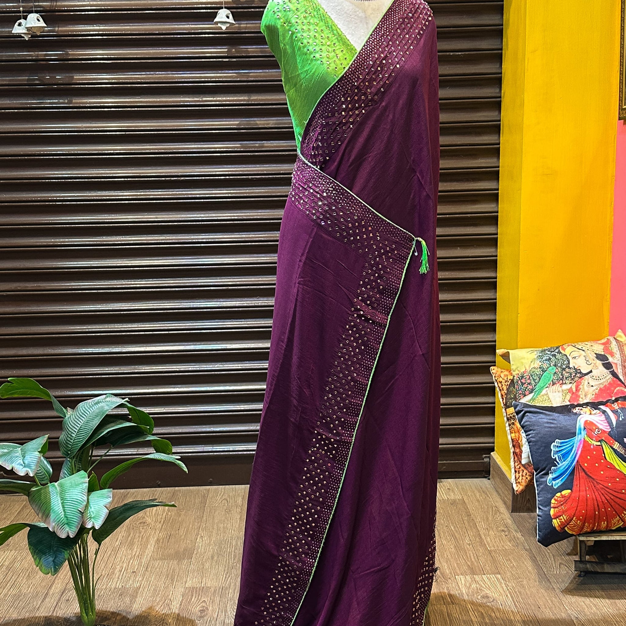 Beautiful Wine Vichitra Silk Saree with Stone Work